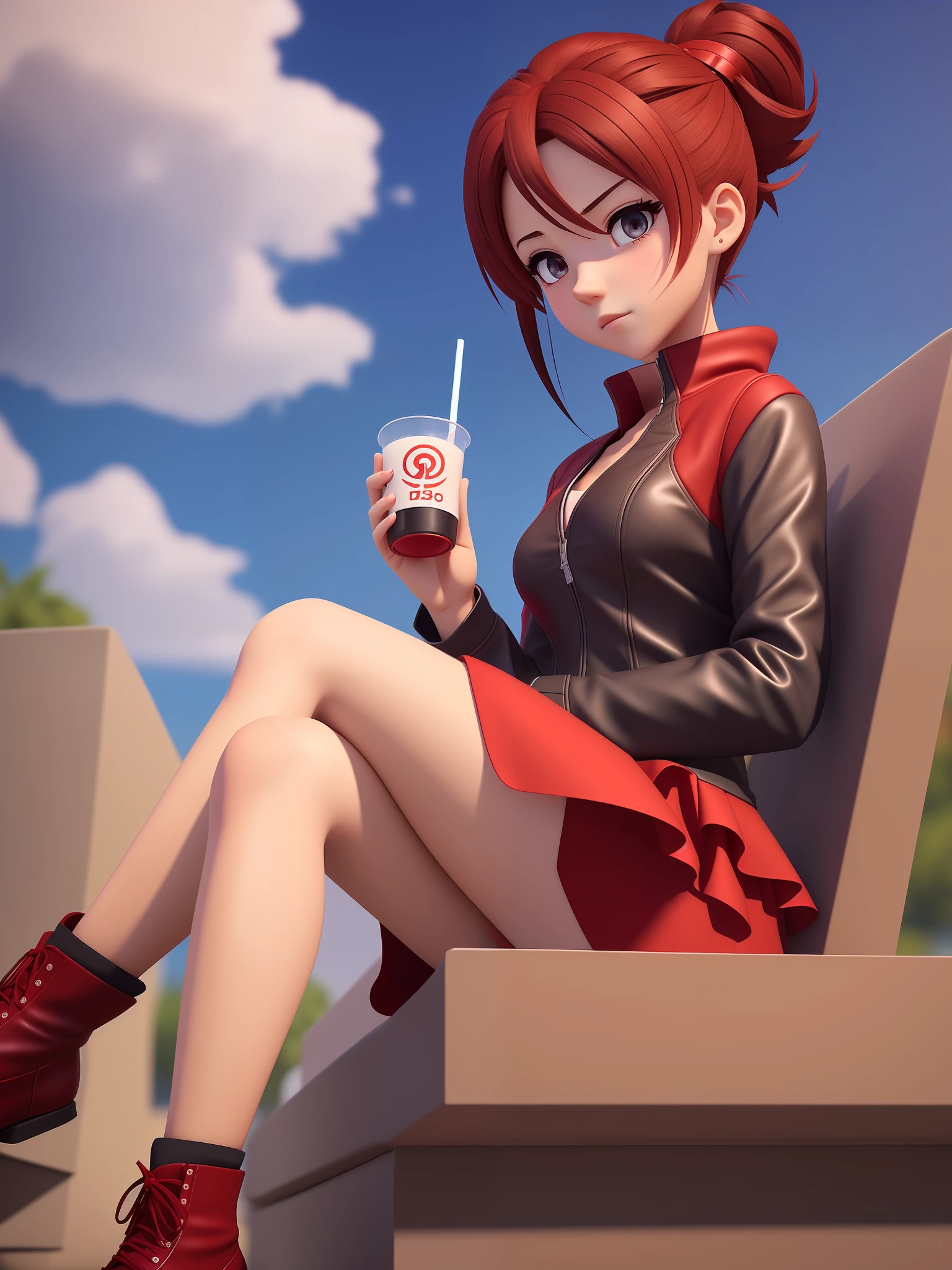 Young girl, a cartoon character dark red outfit, ((cold expression and tired eyes)), ((hair up to shoulder)), (red eyes), stylized character, animation character, stylized 3d render, 3d character, highly detailed character, stylized anime, stylized 3d, render character, character model, closeup, (maximum quality), sipping box juice sitting in a chair looking at the horizon