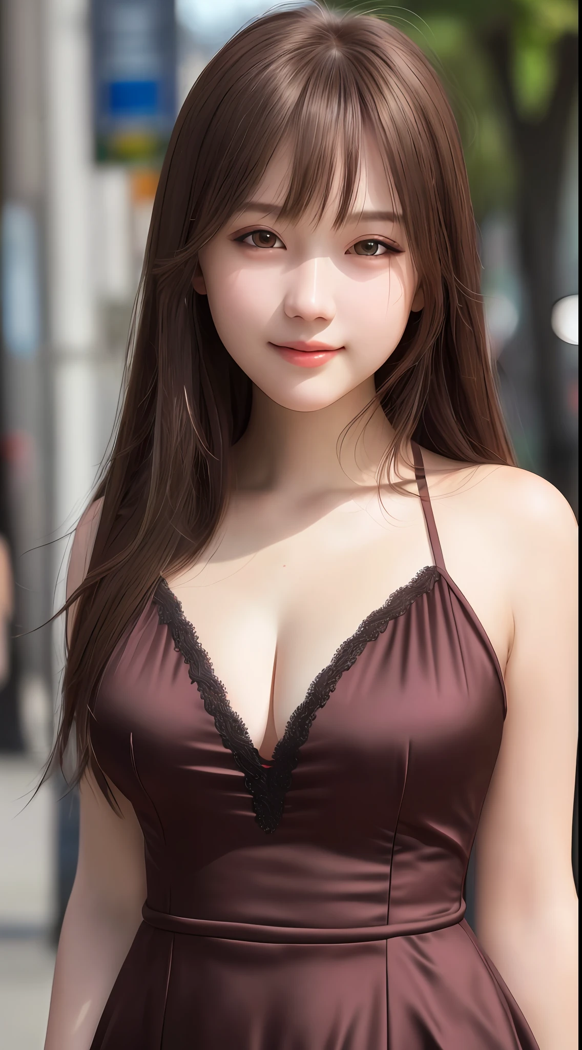 upper body, masterpiece, best quality, raw photo, photorealistic, big, face light, shiny skin, high resolution, super detail, detail, detailed eyes and face, sharp pupils, realistic pupils, sharp focus, evil smile, street, brown hair, shiny breasts, dress