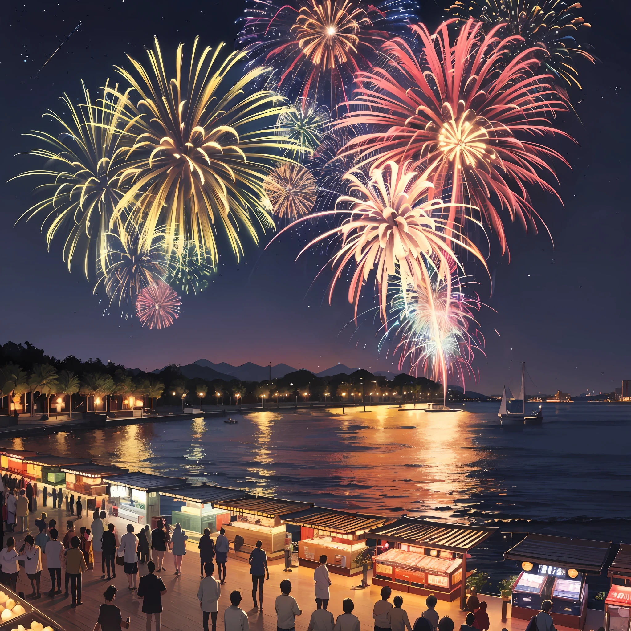 At night, fireworks are launched into the sky, the beautiful light of which illuminates the surface of the sea. At a nearby festival, people in yukata dance and enjoy delicious food at food stalls. Kids enjoy watermelon splitting, and adults enjoy cold beer in the beer garden --auto --s2