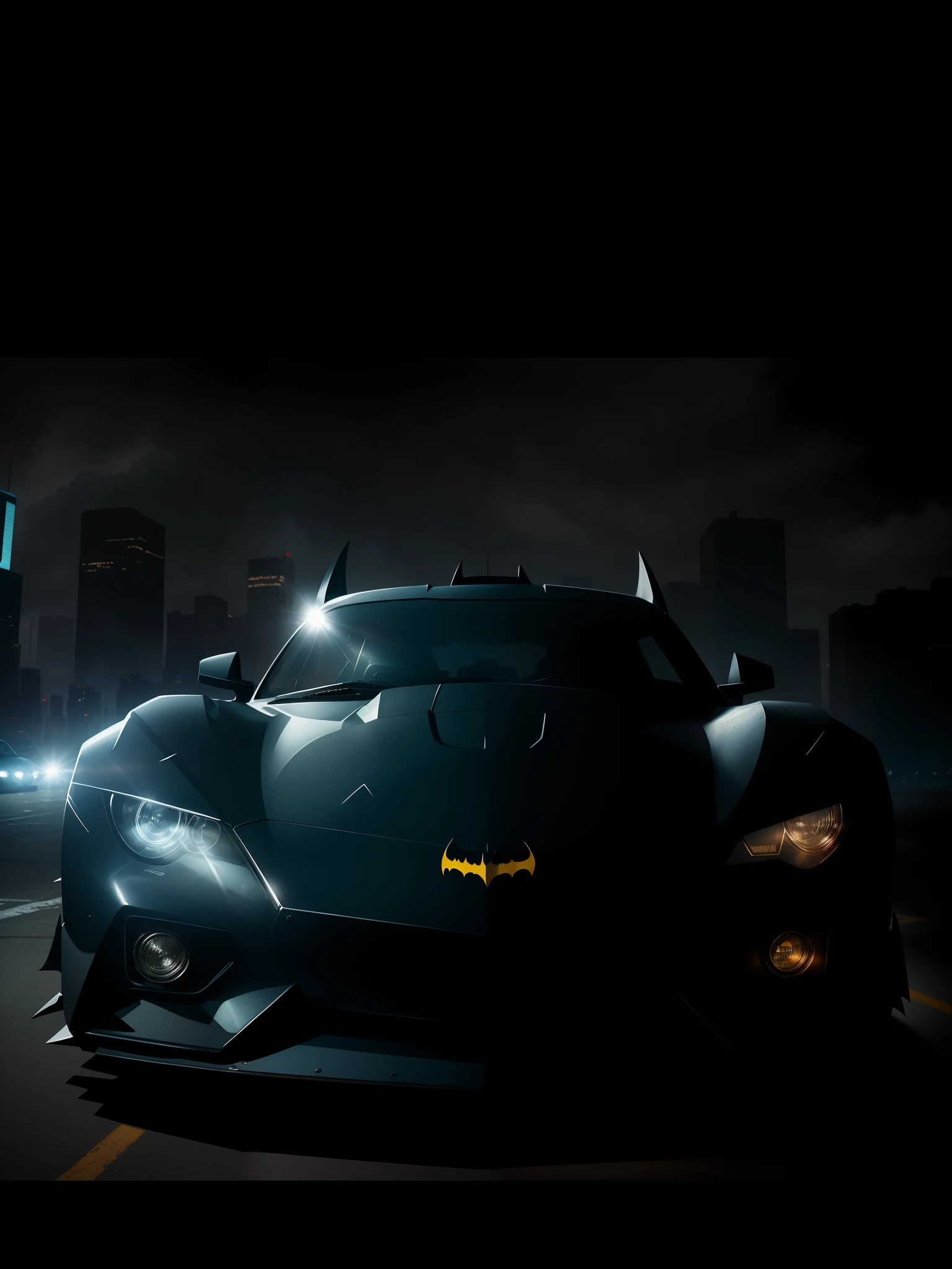 A scene from the movie, Batman's Car is a black armored car with silver details that is shaped like a bat. On the hood of the car is a large emblem of the bat, which symbolizes justice and fear. On the sides of the car are images of wings that allow the car to fly and maneuver. Batman's car is a powerful and reliable vehicle that is equipped with various weapons and gadgets to fight crime.