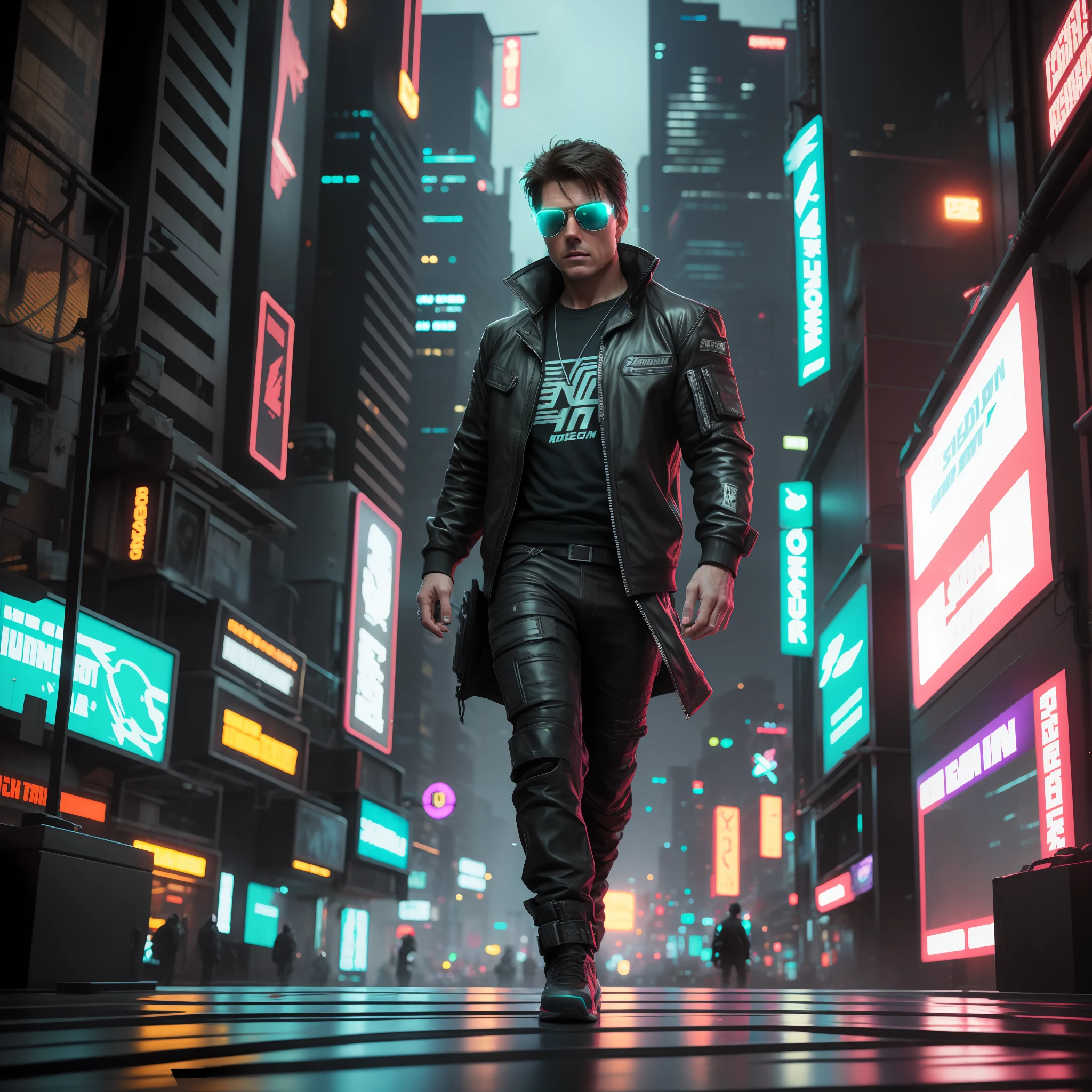 tom cruise, loish, jeremy mann, full body shot, character sheet, lightningwave, 3d, cgi, glowing neon, cyberpunk, streetwear outfit, ☂️, neon city --auto --s2