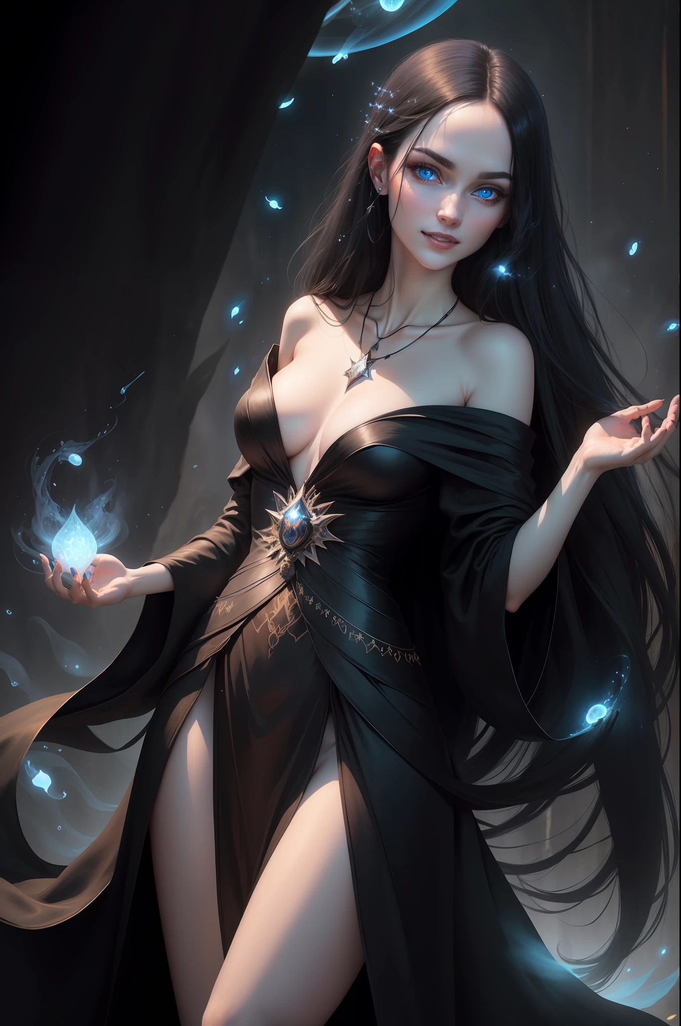 Sexy beautiful woman with a perfectly proportioned face, realistic facial expression, long black hair, light blue eyes, pale skin, wearing a black robe with intricate decorations, witch, confident expression (dynamic Angle, dazzling blue eyes, delicate necklace, charming smile), (magic mystical background, fireflies, glowing particles, ethereal fog, faint darkness), high saturation, movie light, edge light, best shadow