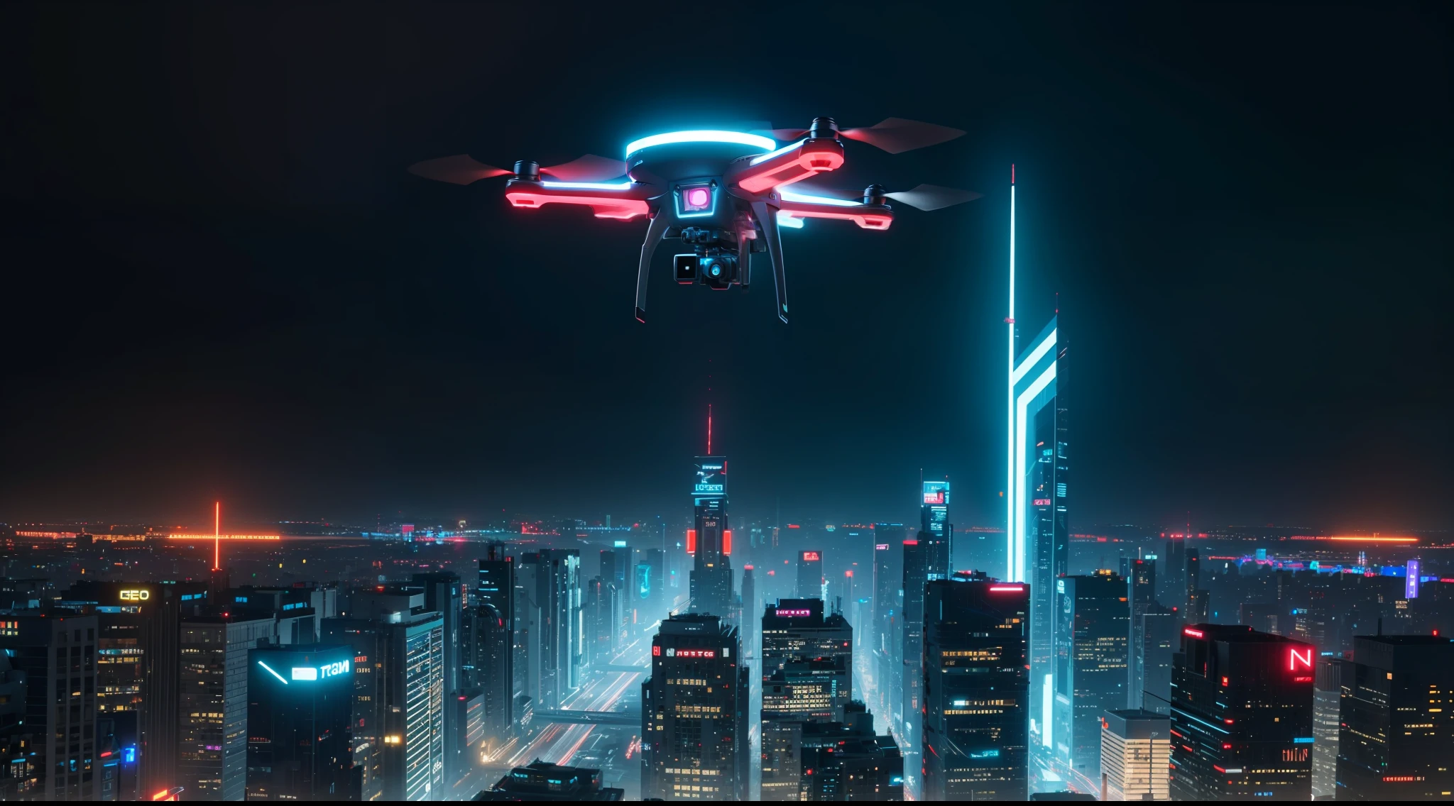 Photo of drone The city of neo - tron legacy in 2 0 9 9. concept art, artstation, cityscape, night time, raining, vibrant colors, cyberpunk, french architecture, vibrant, photorealistic, realistic, dramatic, cinematic lighting, sharp focus, 8k