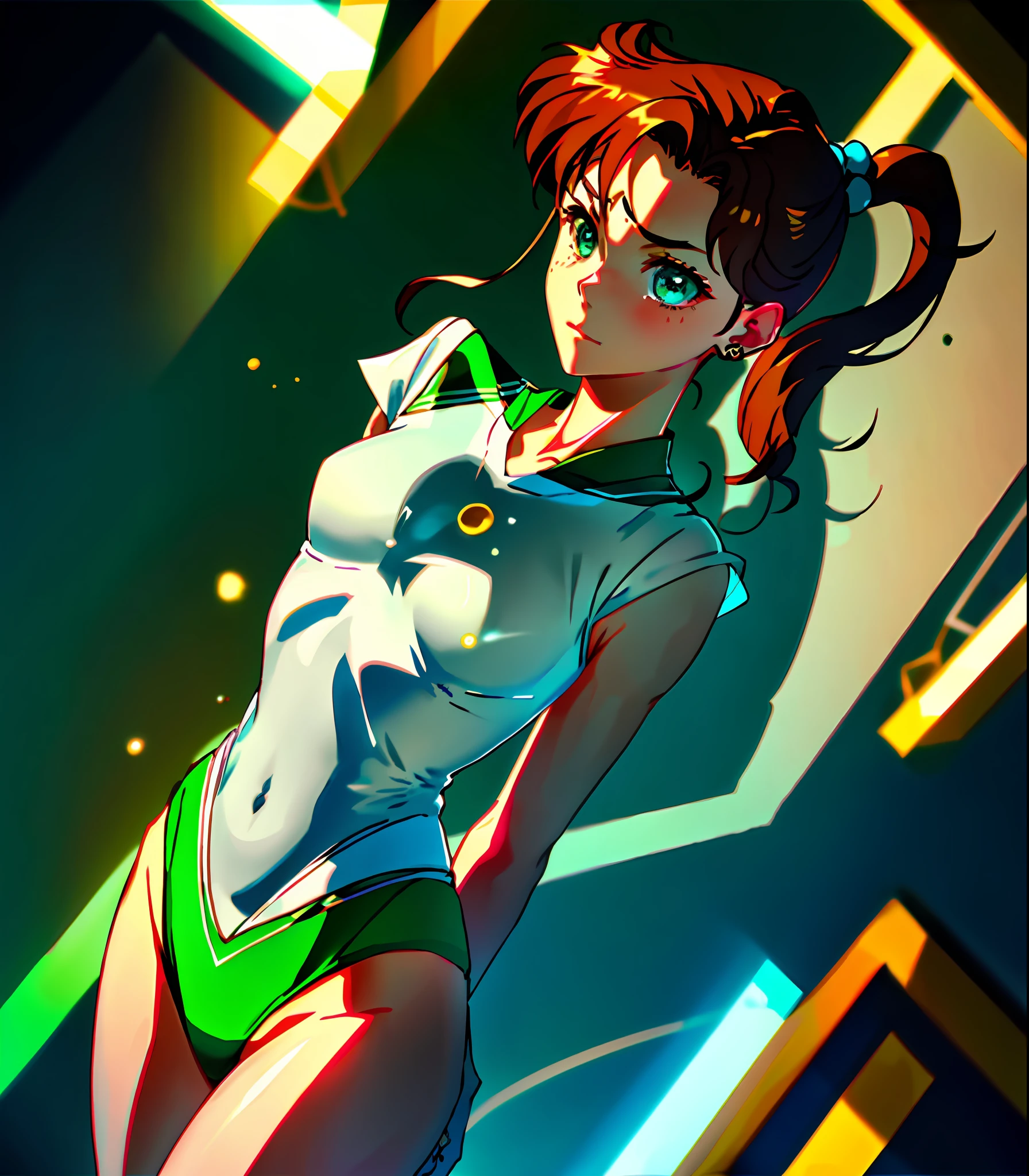 masterpiece, best quality, highres, {{{{{SMjupiter, green eyes, ponytail, tiara, jewelry, sailor senshi uniform, green sailor collar, choker, elbow gloves, white gloves, pink bow, brooch, leotard, green skirt}}}}}, standing, night, {{{{{1 girl}}}}}, {{{{{solo}}}}}, most beautiful photo, complex, high detail, sharp focusing, dramatic, bedroom at night, {{{{{{photo}}}}}}, {{{short torso}}}, {{{very long legs}}},  {{{very thin waist}}},  {{{very small hip}}}, {{{{{very small head}}}}}, {{{{{very oversized well-rounded breastshes like huge watermelons}}}}}, {{{{{gathered breasts}}}}}, {{{white skin}}}, {{{light brown hair}}},{{{{{{30 years old}}}}}}, {{{{full body shot}}}}, {{{{{horizontal-angle shot}}}}}, {{{emotionless face}}}, {{{looking at the viewer}}}, {{{{{chest height perspective}}}}}, 
{{{defeated in fight}}}, {{{exposed breasts}}}, {{{hiding by hands}}}, {{{{{{the edge of the mouth is cut and bleeding}}}}}},