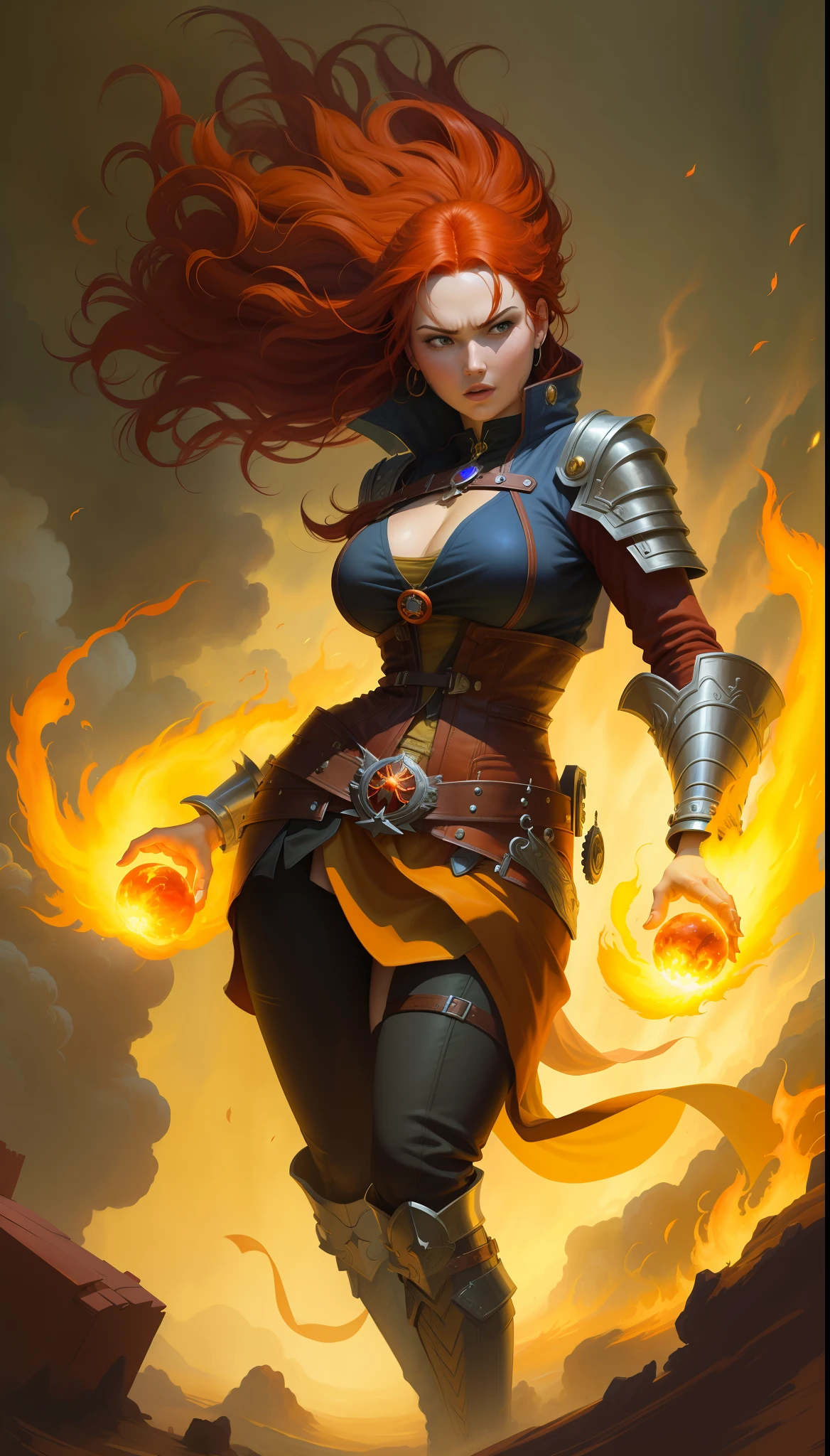 a painting of a woman with big red hair and breast, sorceress casting a fireball, fire mage, she has fire powers, style of raymond swanland, artgerm julie bell beeple, steven artgerm lau, stanley artgerm lau, inspired by raymond swanland, fantasy character art, casting fire spell, pyromancer, angry face, brave, masterpiece, 4k, --auto --s2