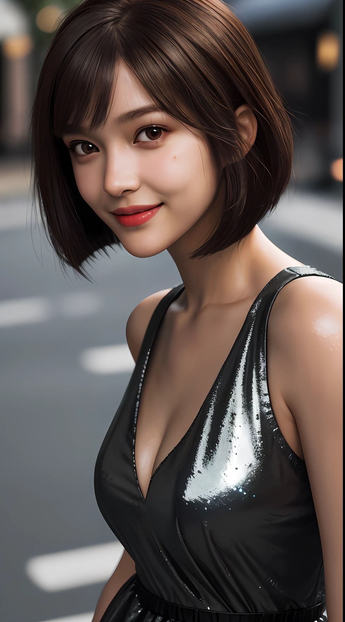 upper body, masterpiece, best quality, raw photo, photorealistic, big, face light, shiny skin, high resolution, super detail, detail, detailed eyes and face, sharp pupils, realistic pupils, sharp focus, evil smile, street, brown hair, shiny breasts, dress, black hair bob