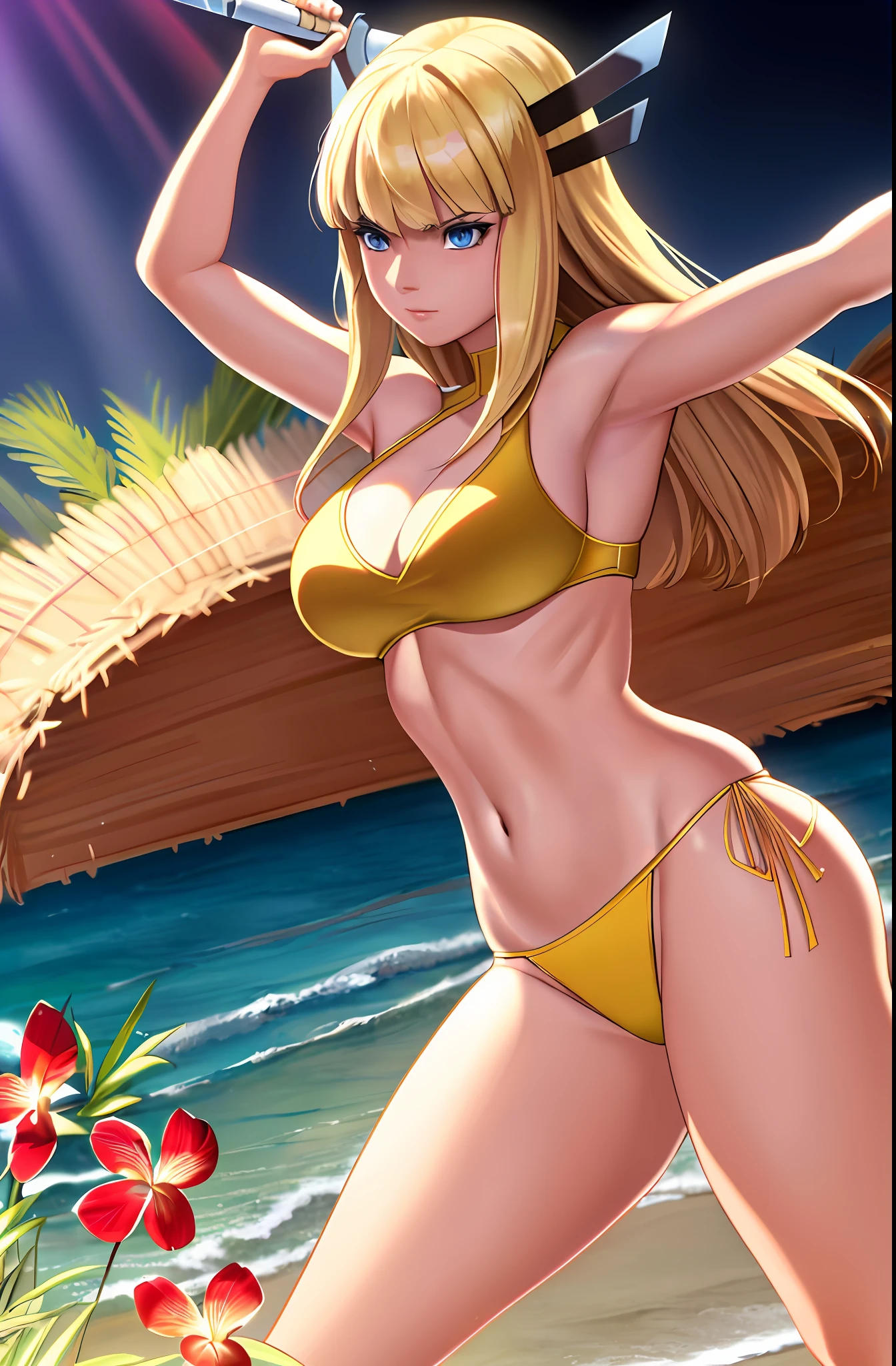 Magik (from x-men, perfect blue eyes, long blonde hair with bangs, medium breasts, strong toned body), ((dancing hula in Hawaii, wearing a sexy Kupe)), masterpiece:1,2, best quality:1,2, ultra-detailed:1,2, CG illustration, high resolution:1,2, best illumination, best shadow, extremely delicate and beautiful, appropriate shading, HD, 8k, ray tracing