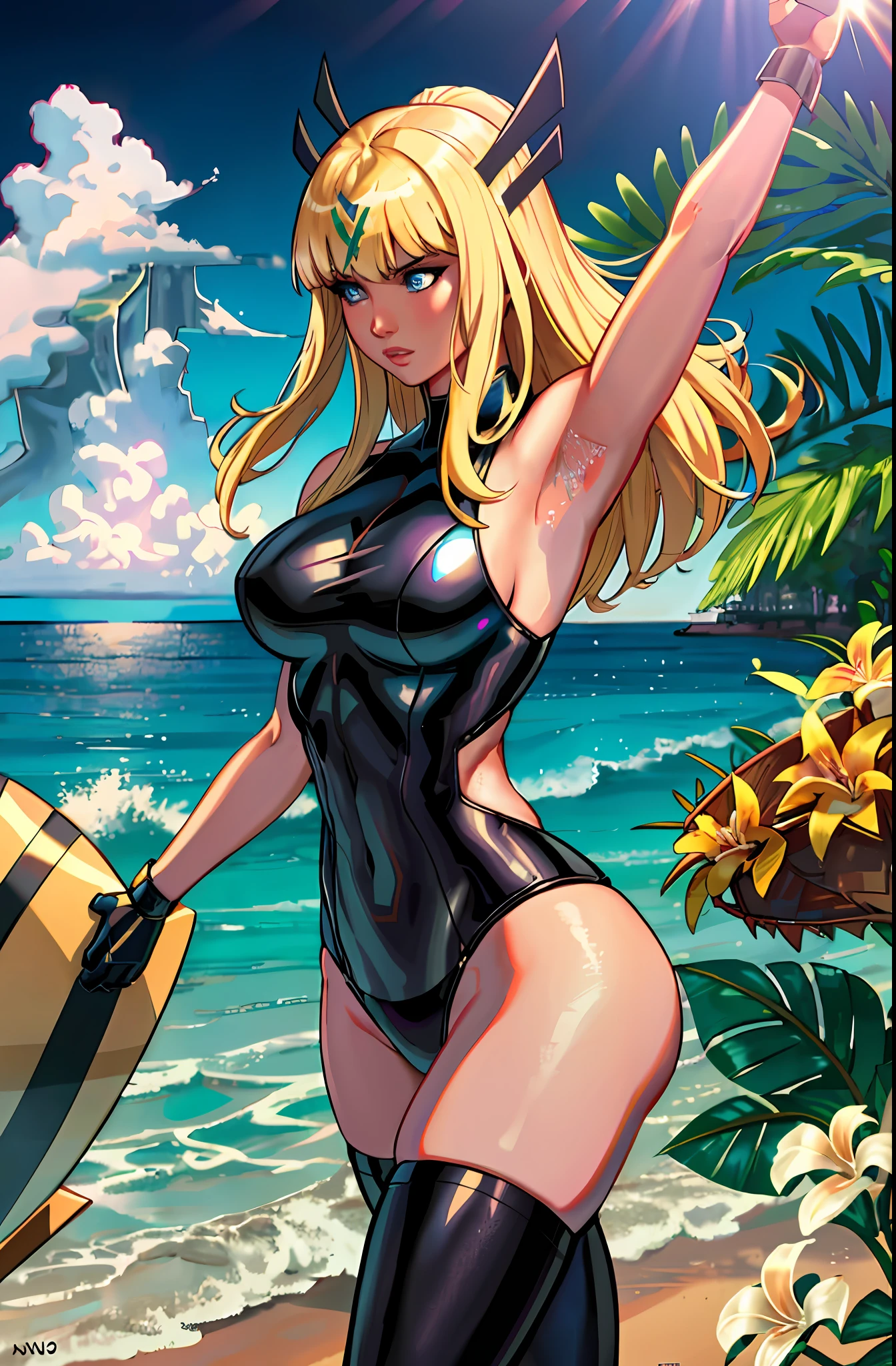 Magik (from x-men, perfect blue eyes, long blonde hair with bangs, medium breasts, strong toned body), ((dancing hula in Hawaii, wearing a sexy Kupe)), masterpiece:1,2, best quality:1,2, ultra-detailed:1,2, CG illustration, high resolution:1,2, best illumination, best shadow, extremely delicate and beautiful, appropriate shading, HD, 8k, ray tracing
