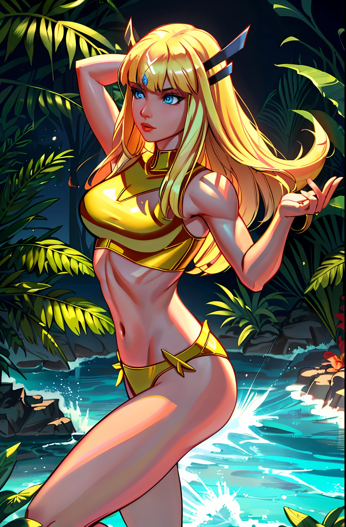 Magik (from x-men, perfect blue eyes, long blonde hair with bangs, medium breasts, strong toned body), ((dancing hula in Hawaii, wearing a sexy Kupe)), masterpiece:1,2, best quality:1,2, ultra-detailed:1,2, CG illustration, high resolution:1,2, best illumination, best shadow, extremely delicate and beautiful, appropriate shading, HD, 8k, ray tracing
