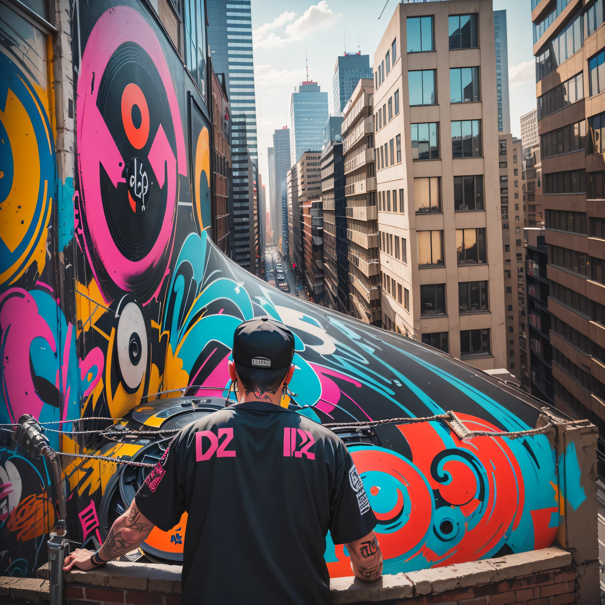 vinyl records with dj in city with buildings dotted with graffiti art. every tattoo style image --auto --s2
