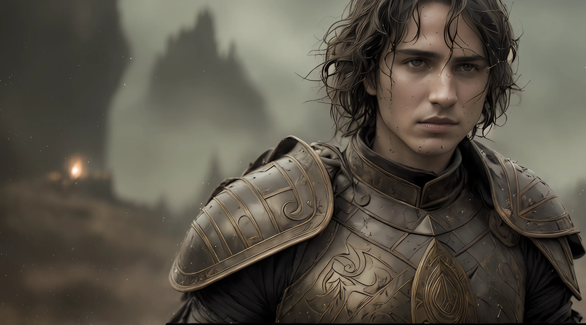 arafed man in armor with wet hair and a wet face, paul atreides, handsome prince of persia, attractive male with armor, frank dillane as puck, profile shot, still from a fantasy movie, matte painting portrait shot, high res, no words 4 k, fantasy movie still, from netflix's arcane, fan art