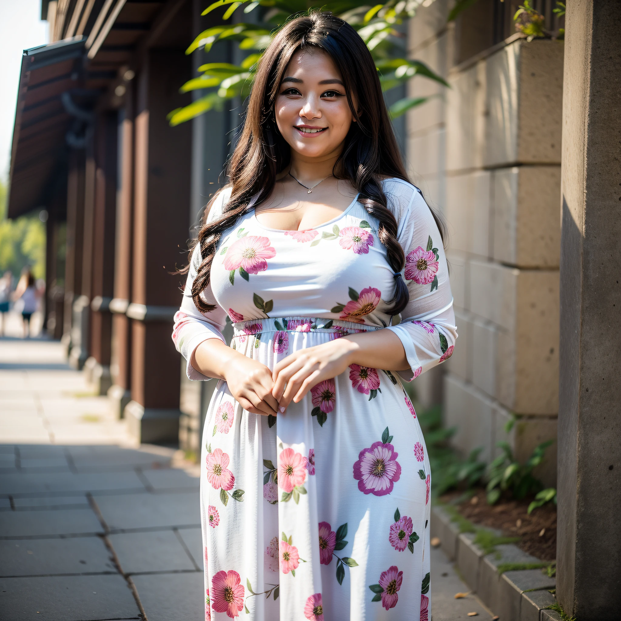 Beautiful woman, white, fat, 90 kilos, plus size, 40 years old, long curly black hair, smiling, one late afternoon, in the park, in flowered printed dress