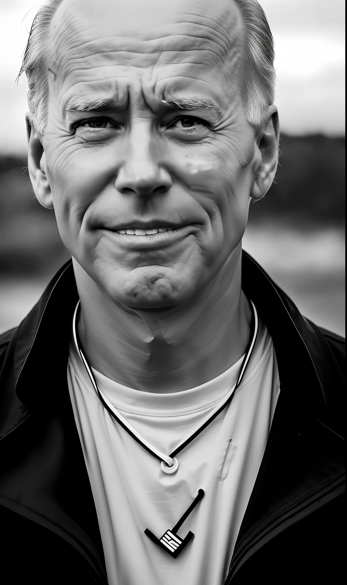 b&w photo of 42 y.o joe biden the president of usa in black clothes, bald, face, half body, body, high detailed skin, skin pores, coastline, overcast weather, wind, waves, 8k uhd, dslr, soft lighting, high quality, film grain, Fujifilm XT3