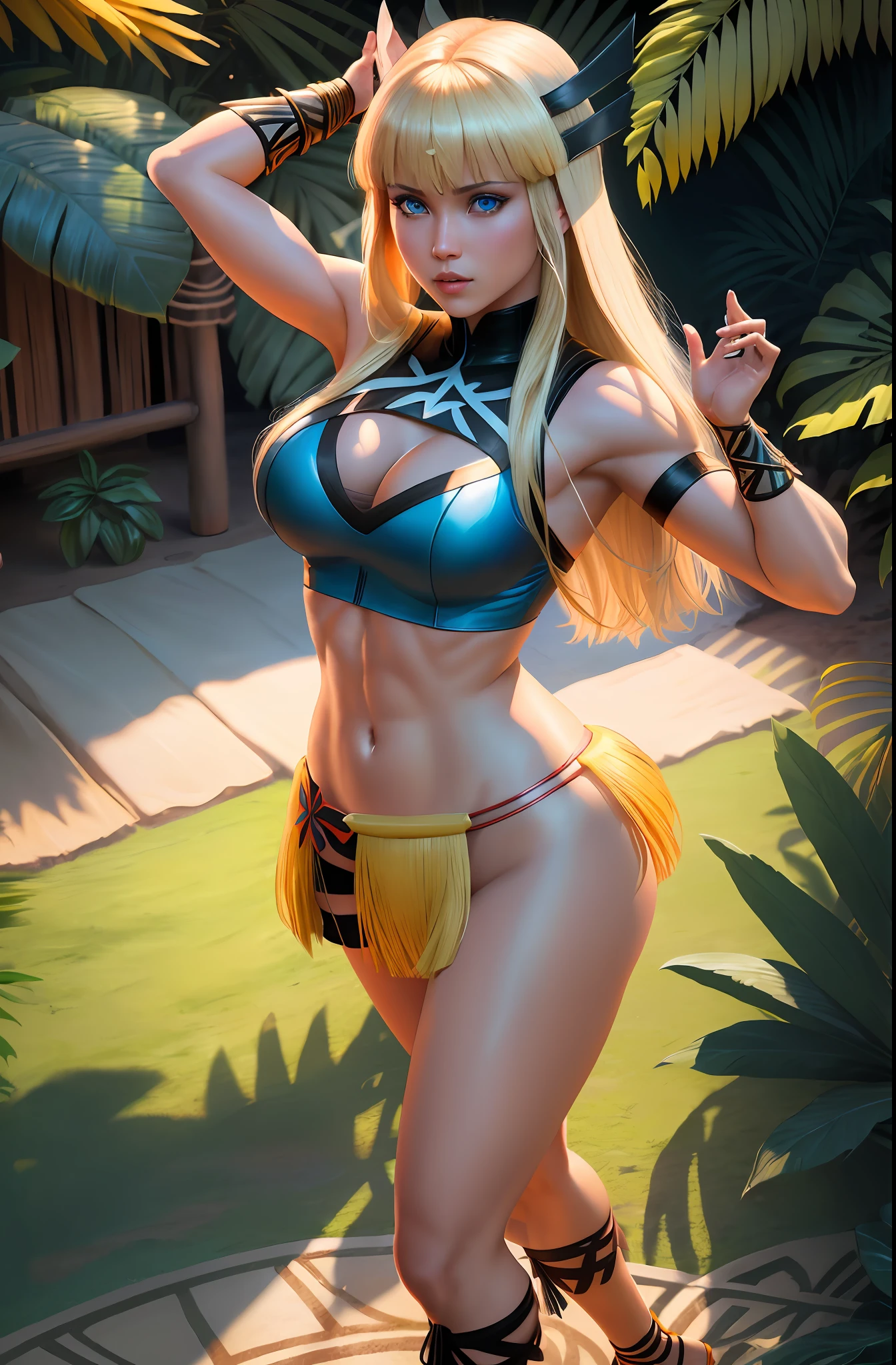 Magik (from x-men, perfect blue eyes, long blonde hair with bangs, medium breasts, strong toned body), ((dancing hula in Hawaii, wearing a sexy Kupe)), masterpiece:1,2, best quality:1,2, ultra-detailed:1,2, CG illustration, high resolution:1,2, best illumination, best shadow, extremely delicate and beautiful, appropriate shading, HD, 8k, ray tracing