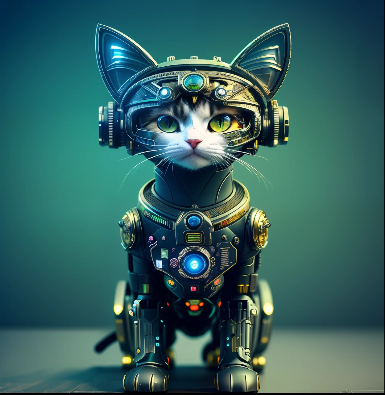 there is a cat with a helmet on sitting on a table, cyborg cat, cyborg kitten, a cyborg cat, cyberpunk cat, robotic cat, robot cat, cat robot, steampunk cat, industrial robotic cats, armored cat, 4k highly detailed digital art, cute detailed digital art, anthropomorphic cat, anthropomorphic female cat, cat detailed