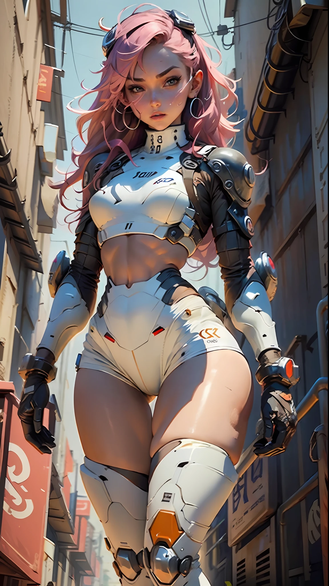 Woman body defined thick thighs cybernetic body parts, short underwear