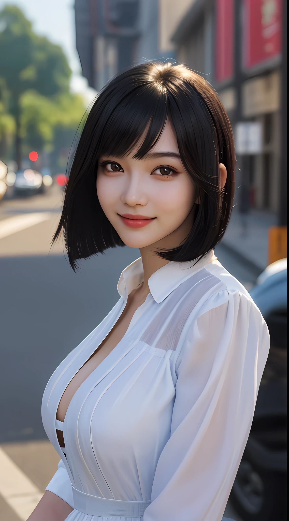 upper body, masterpiece, top quality, raw photo, photorealistic, big, face light, shiny skin, high resolution, super detail, detail, detailed eyes and face, sharp pupils, realistic pupils, sharp focus, evil smile, street, shiny breasts, dress, black hair bob
