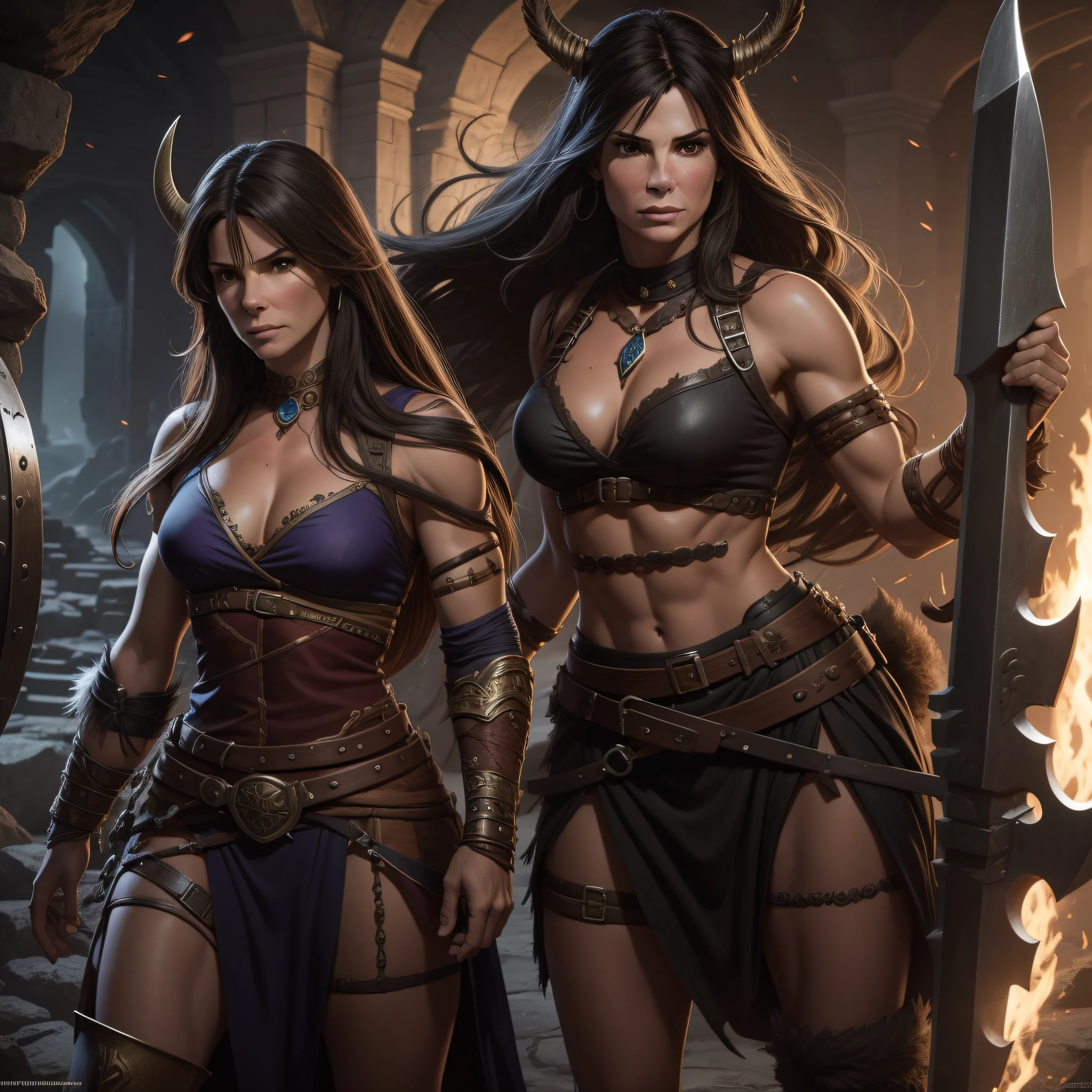 sandra bullock as a she barbarian from dungeons and dragons, DnD, in the style of realistic and hyper-detailed renderings,dungeons and dragons, 8k, detailed eyes, perfect eyes, epic , dramatic , fantastical, full body , intricate design and details, dramatic lighting, hyperrealism, photorealistic, cinematic, 8k, detailed face, Dramatic photo,epic photo, whole body,barbarian,