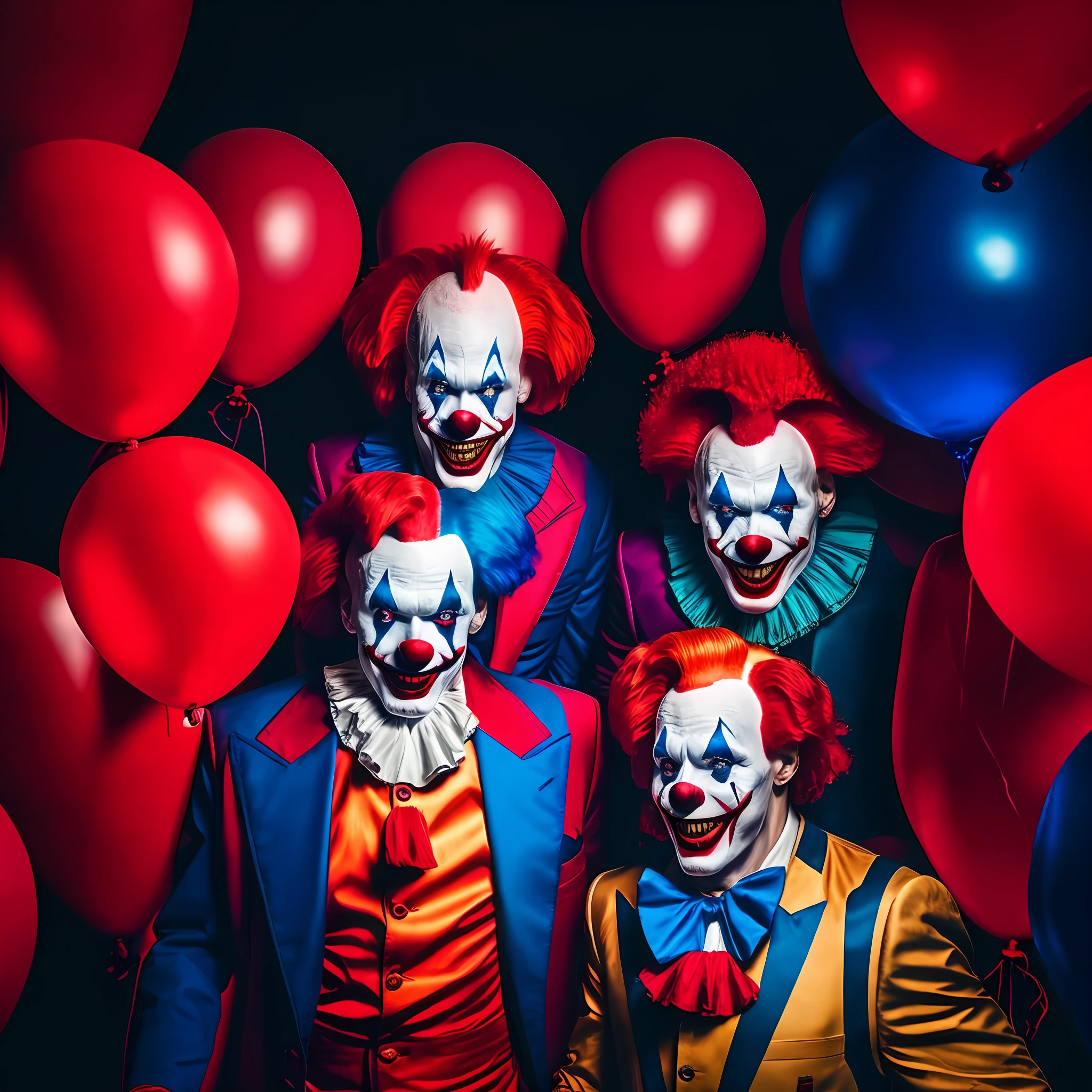 Three sinister red and blue male clowns walking through a group of red balloons, from a gang of circus clowns, clowns, circus clowns, wearing precise clown makeup, using bizarre clown makeup, using clown makeup, clown money, clown, shutterstock, scary clown, clown is away from the camera, clown world,  Skull clown inside a circus, clown makeup