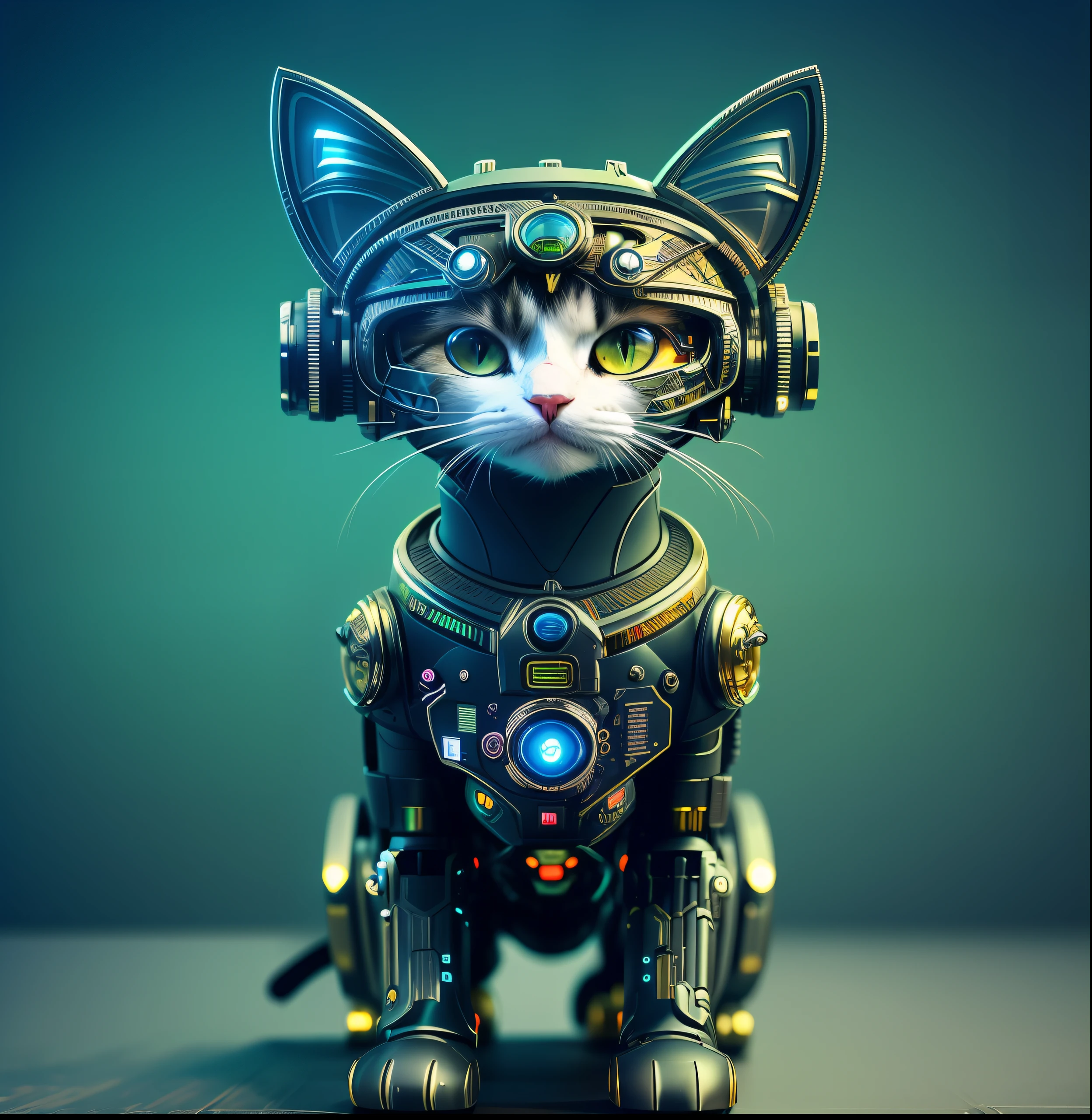 there is a cat with a helmet on sitting on a table, cyborg cat, cyborg kitten, a cyborg cat, cyberpunk cat, robotic cat, robot cat, cat robot, steampunk cat, industrial robotic cats, armored cat, 4k highly detailed digital art, cute detailed digital art, anthropomorphic cat, anthropomorphic female cat, cat detailed