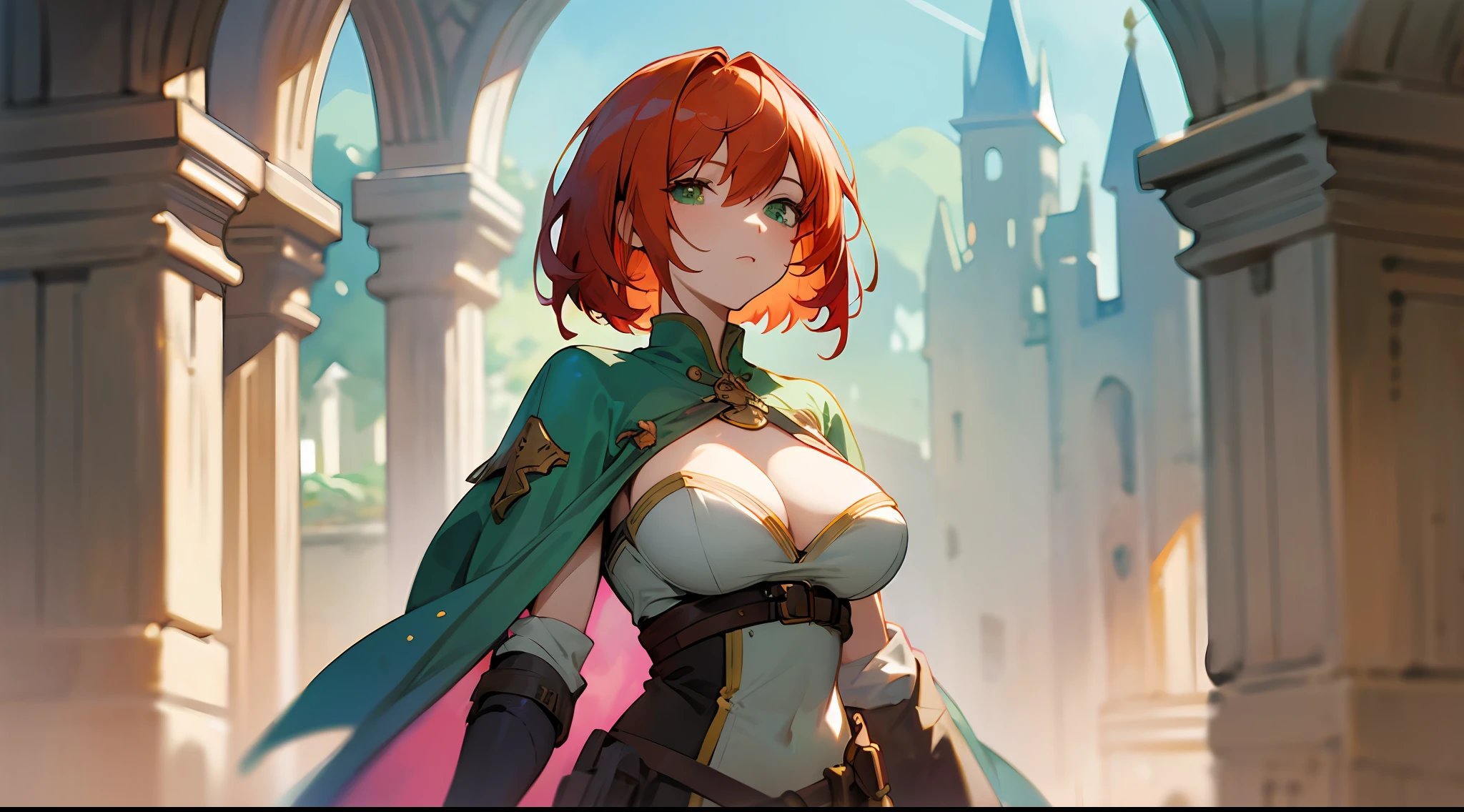 (watercolor: 1.2), warrior, bangs, redhead, short hair, green eyes, hair between eyes, blurred background, high resolution, large breasts, full body, fantasy, medieval --auto --s2