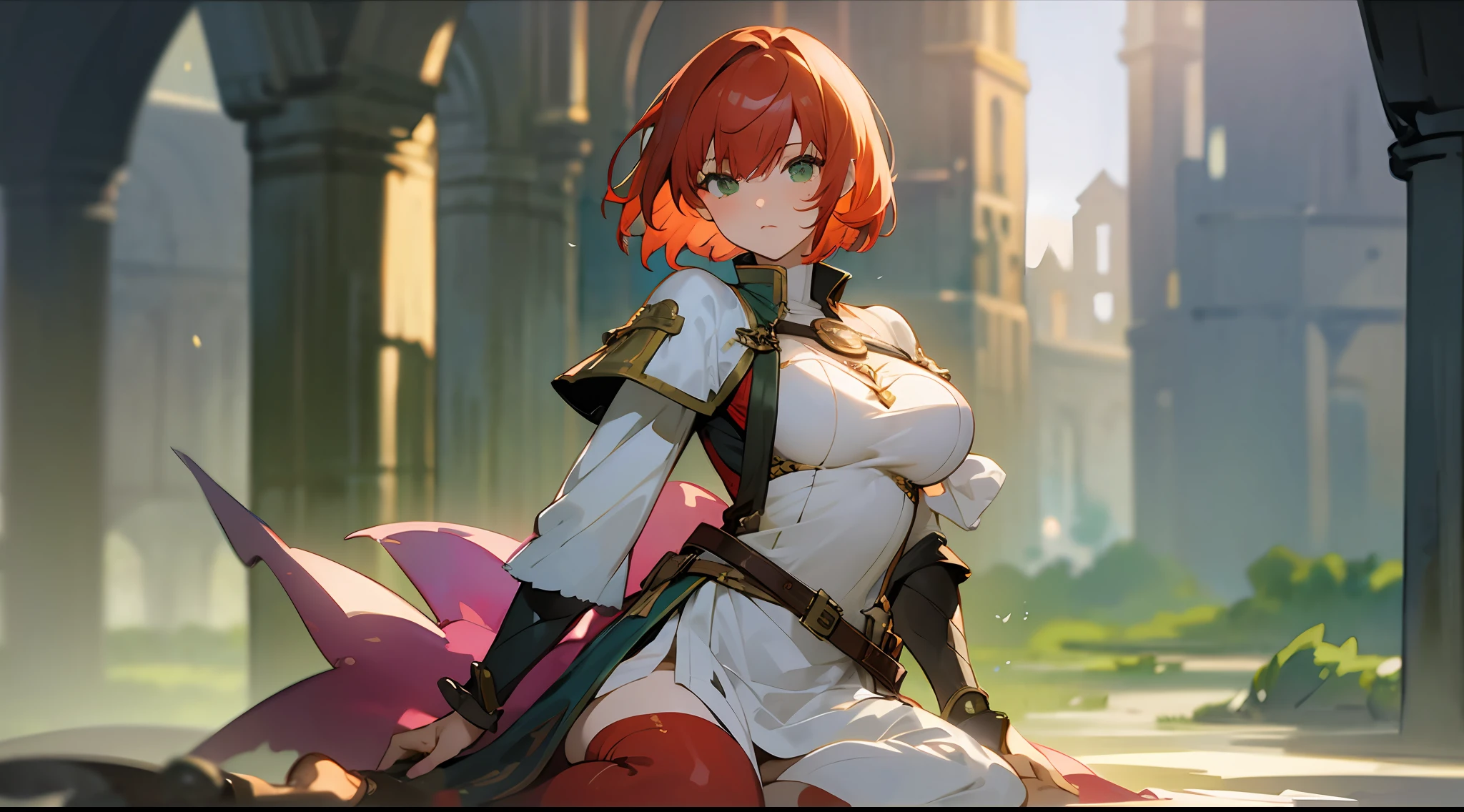 (watercolor: 1.2), warrior, bangs, redhead, short hair, green eyes, hair between eyes, blurred background, high resolution, large breasts, full body, fantasy, medieval --auto --s2