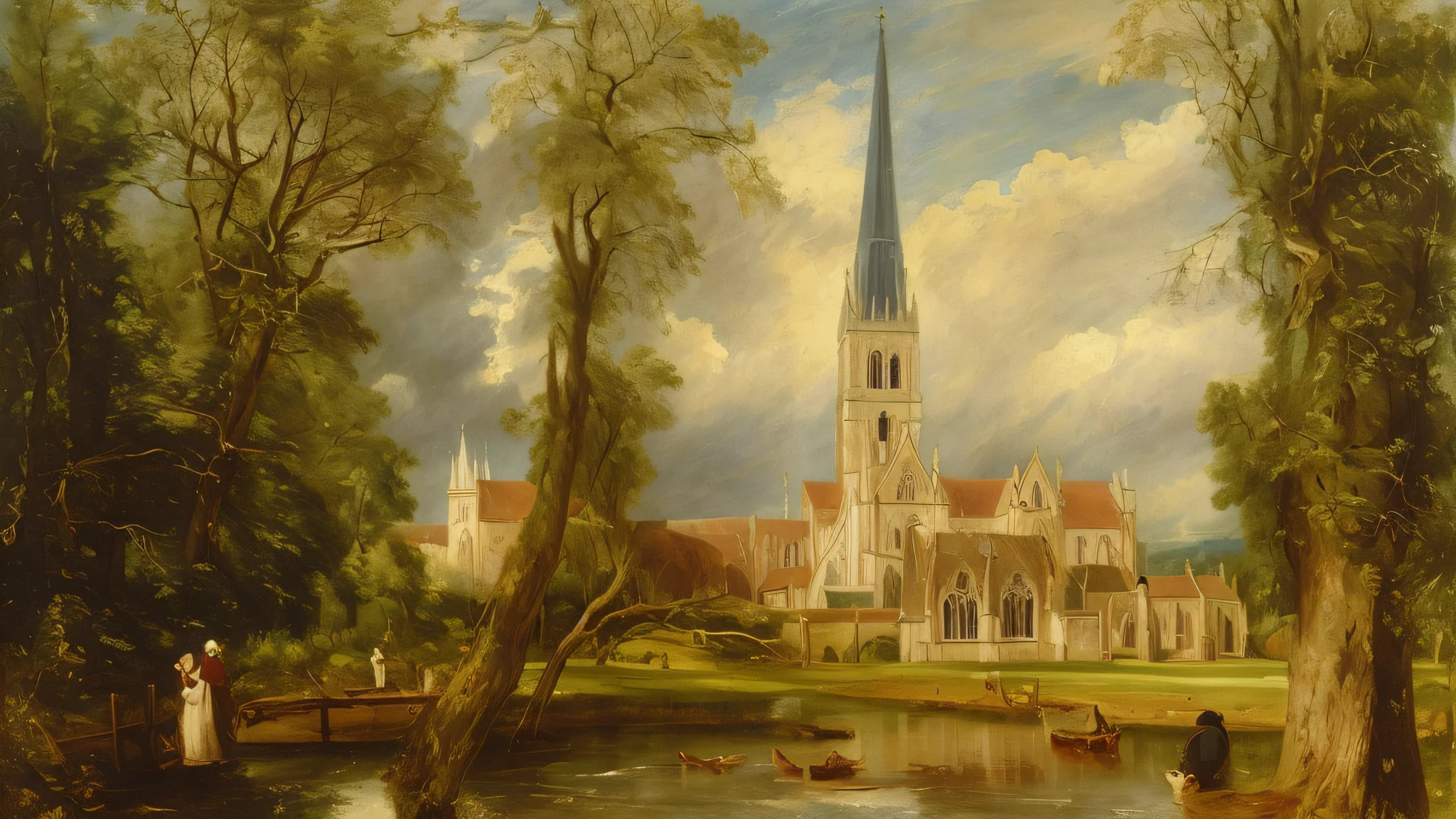painting of a church with a tower and a river in front of it, by John Constable, inspired by Alexander Nasmyth, inspired by Patrick Nasmyth, inspired by Charlotte Nasmyth, inspired by Samuel Prout, by William Turner of Oxford, inspired by Anne Nasmyth, inspired by Richmond Barthé, by Charlotte Nasmyth, turner. symmetrical