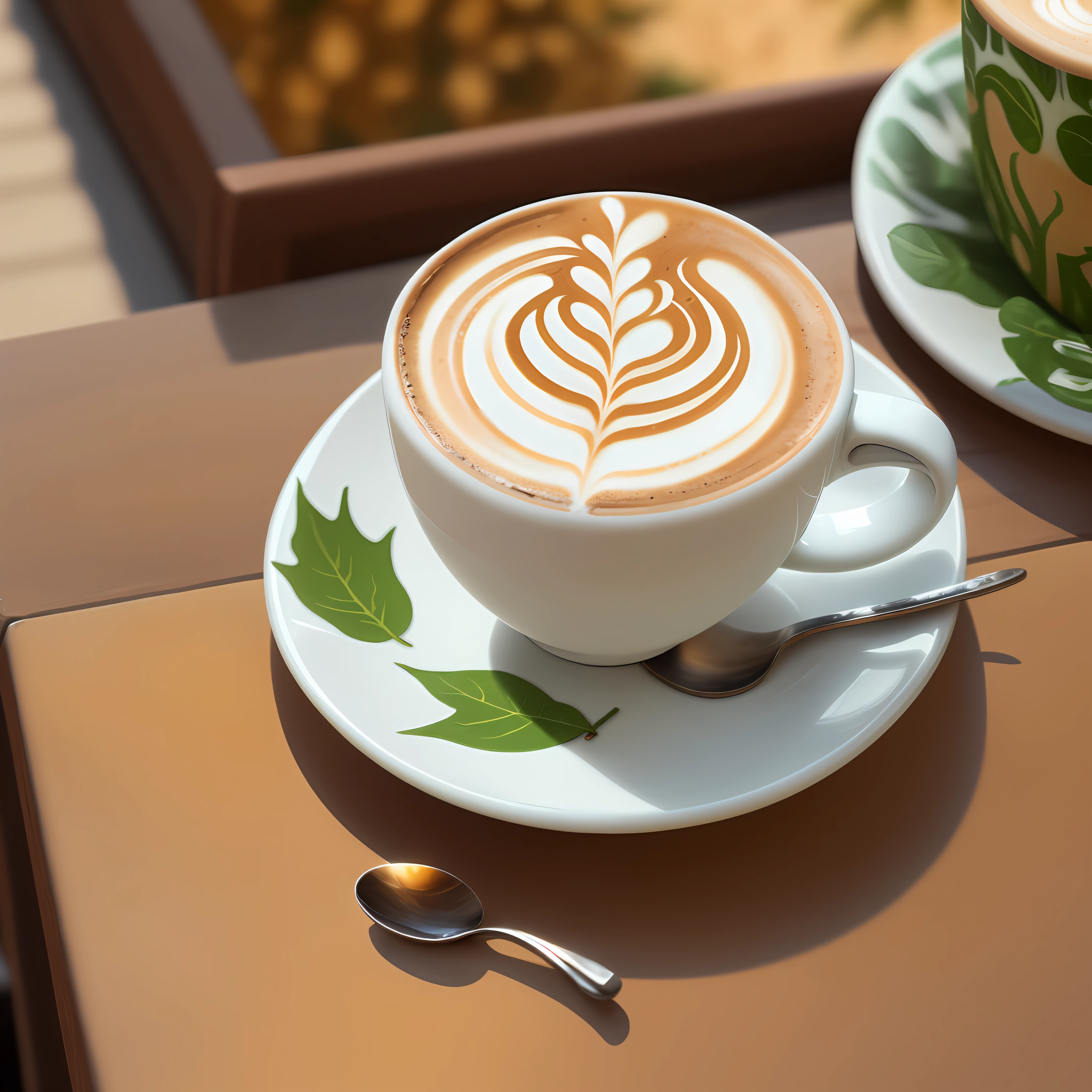 A latte, best quality, hyper-detailed, focus on latte with leaves in the pattern of leaves, sunny street in the background