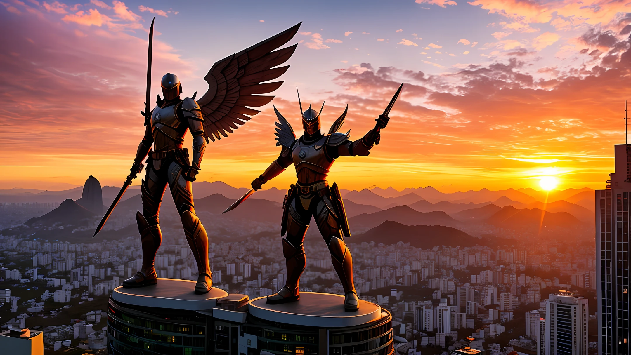Image of the city of Rio Grande, Rio Grande do Sul, Brazil futuristic in a post-apocalypse setting with the red sun on the horizon, with a large angel in armor and wielding a flaming, realistic sword