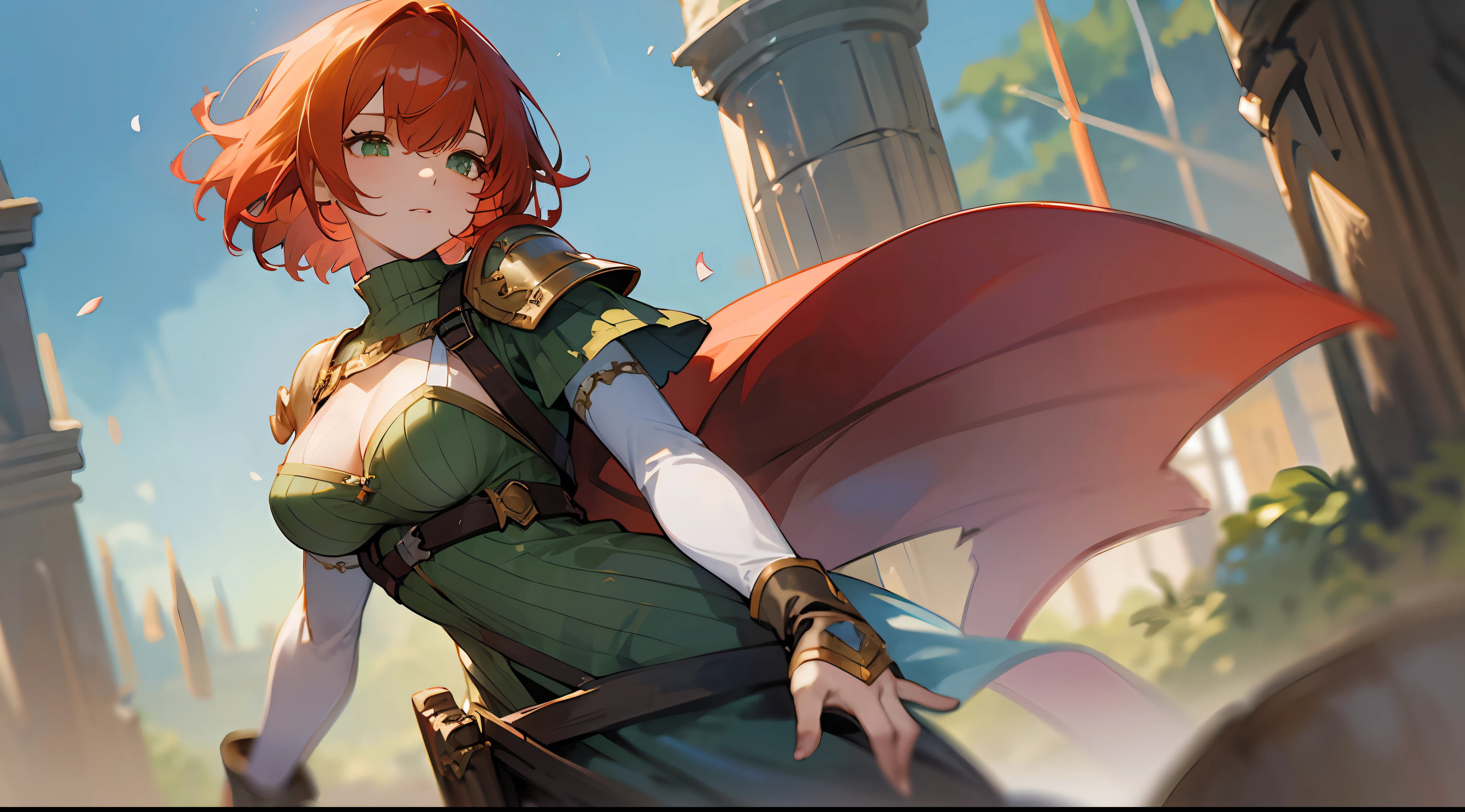 (watercolor: 1.2), warrior, bangs, redhead, short hair, green eyes, hair between eyes, blurred background, high resolution, large breasts, full body, fantasy, medieval --auto --s2