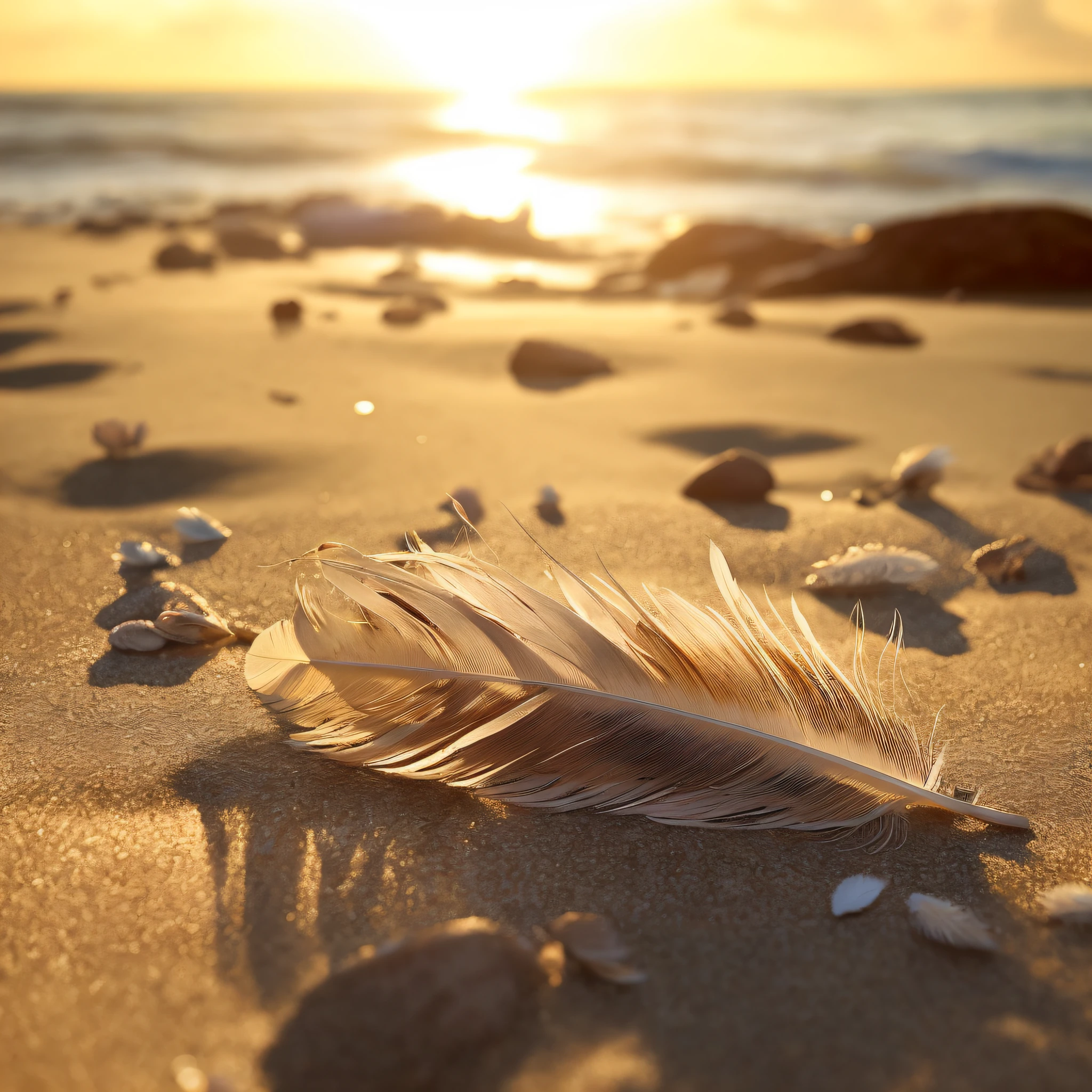 Feathers lying in the sea with bright sun and feathers in the sky, 1970s illustration