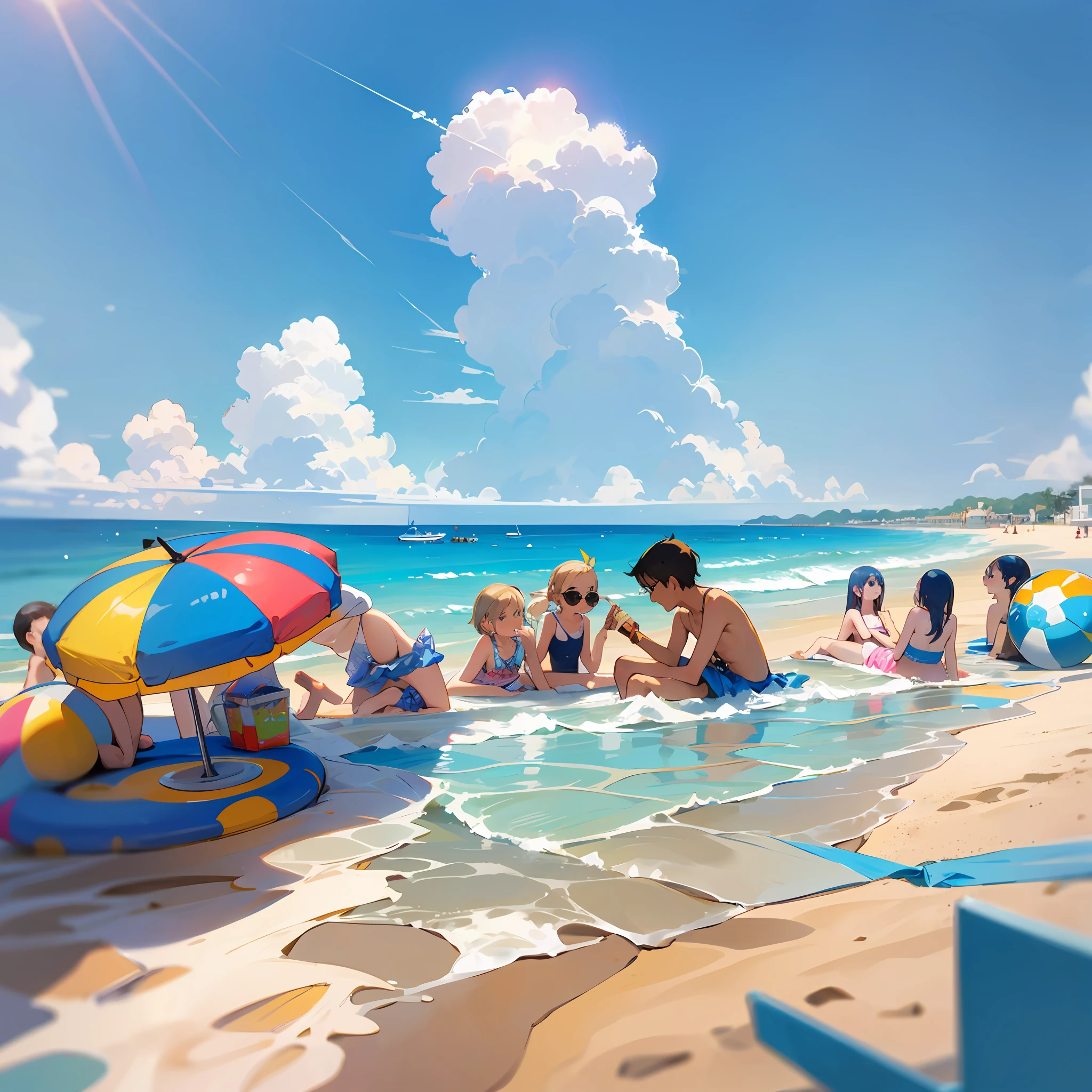 On this day, the blue sky spreads out and the sun shines brightly. There is a beach on the seaside, and people are taking off their sandals, changing into swimsuits and swimming happily. Children swim with floats, and adults play with beach balls. People in sunglasses enjoying tanning while holding cold drinks and ice cream --auto --s2