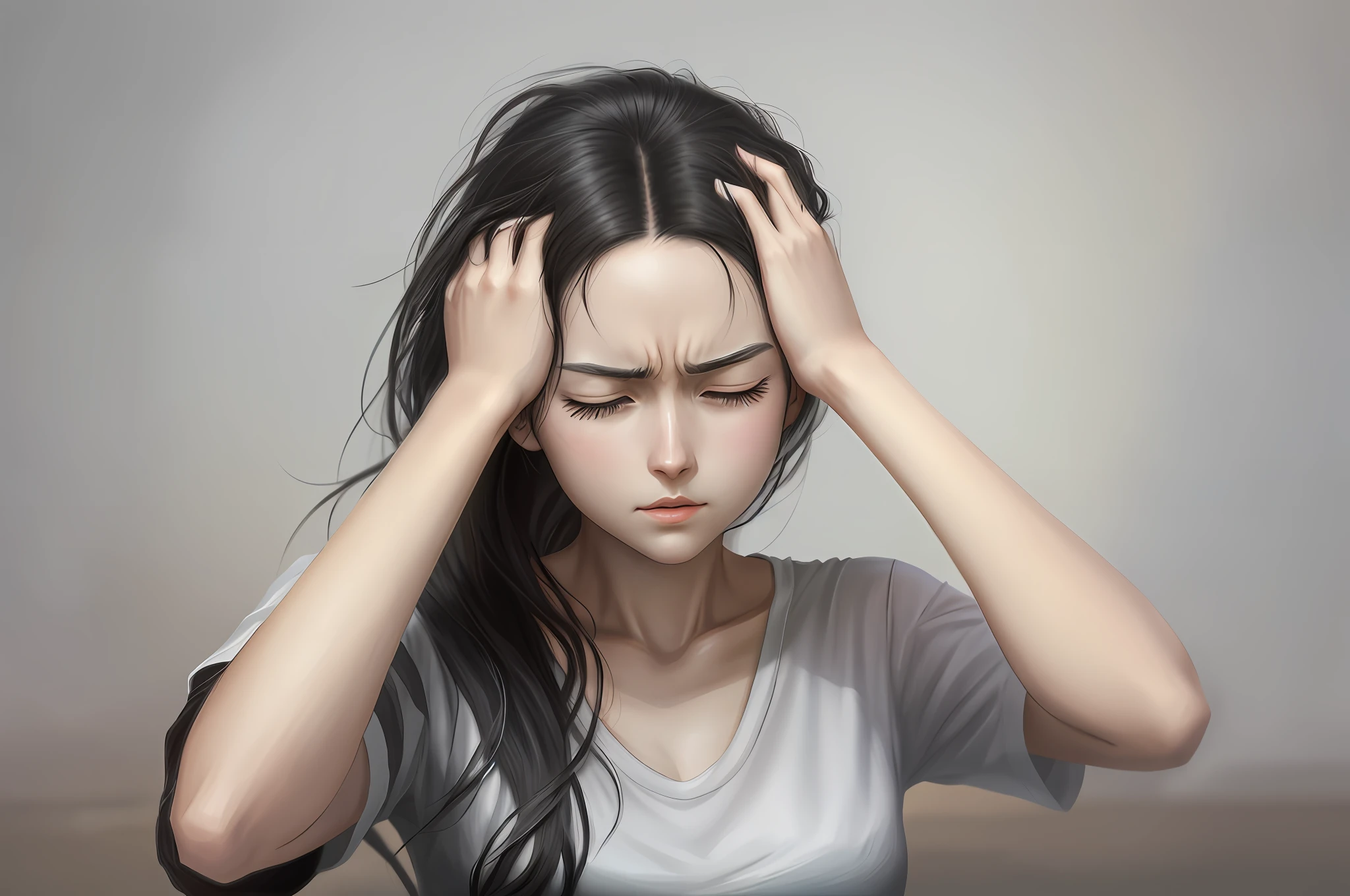 Realistic anime style, A young woman, black hair, white T-shirt, with her hands on her head, appearing to be in pain