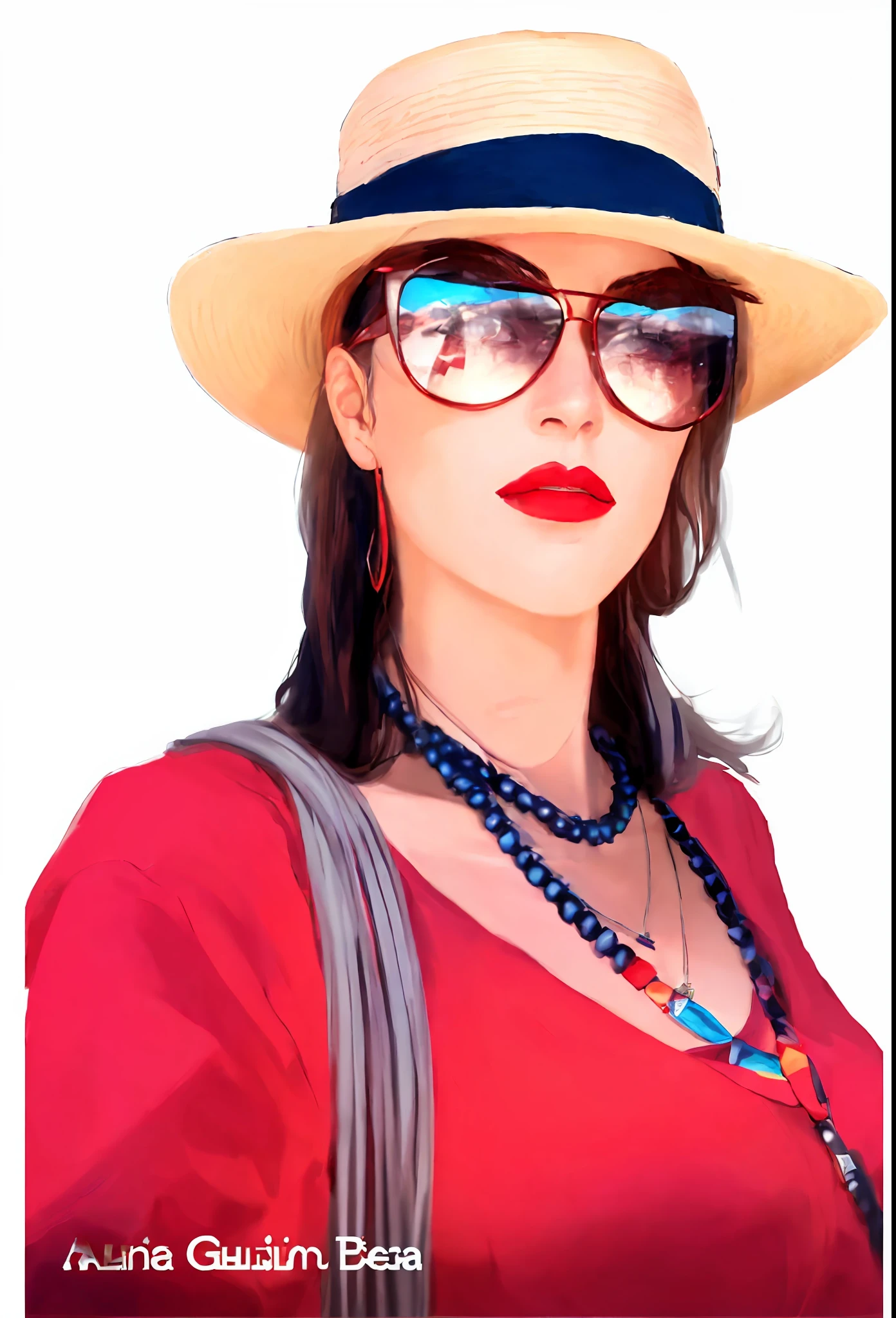 woman wearing a hat and sunglasses with a red shirt and a blue necklace, profile image, profile pic, wearing sunglasses and a hat, inspired by Gina Pellón, 💋 💄 👠 👗, wearing a chocker and cute hat, alanis guillen, wears a egyptian ankh necklace, thick red lips, with sunglasses, inspired by Evaline Ness, red hat