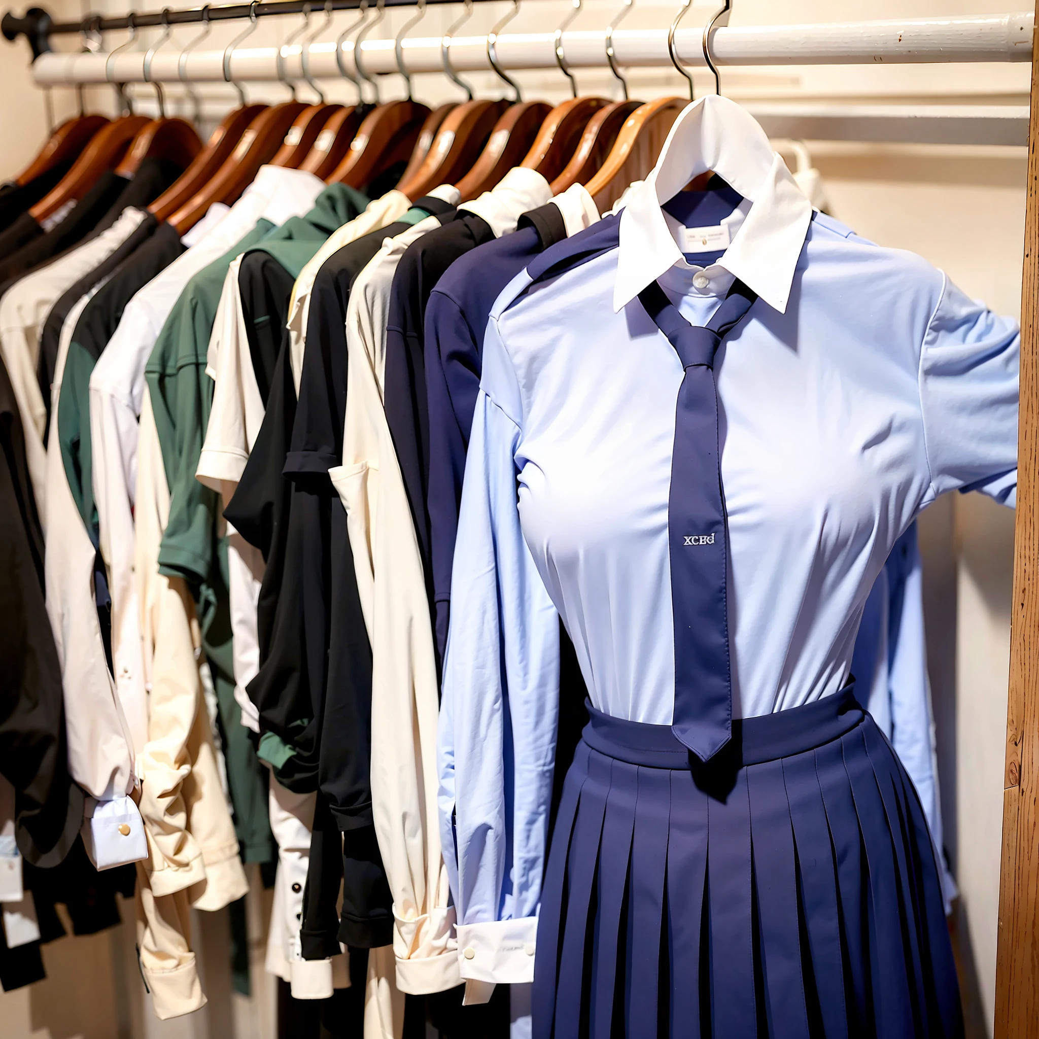 hanger school uniforms in closet raise their sleeves as if invisible girl wear it, school uniforms swells as if possessed by invisible girls, school uniforms have huge breasts, (((no humans))), (headless), faceless, invisible girls, from above, (hanger), jk ribbon on the neck, (in closet), armpits, hand on hip, (masterpiece), missing limb, absurdres