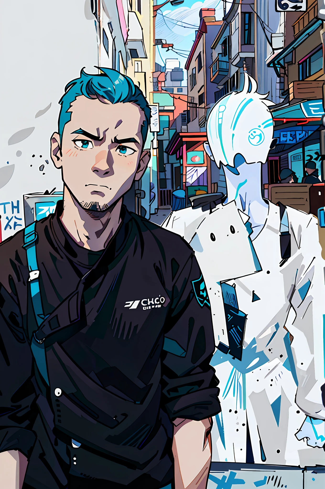 (best quality: 0.8), (best quality: 0.8), perfect anime illustration, very close-up of a guy walking through the city, turquoise hair, (write "CHICKO" on the chest), color illustration, add blue and beige to the background, rich skin of the guy, write chiko on the chest, graffiti in the background on the wall, a little brighter and more color, mouth ajar, eyes slightly closed