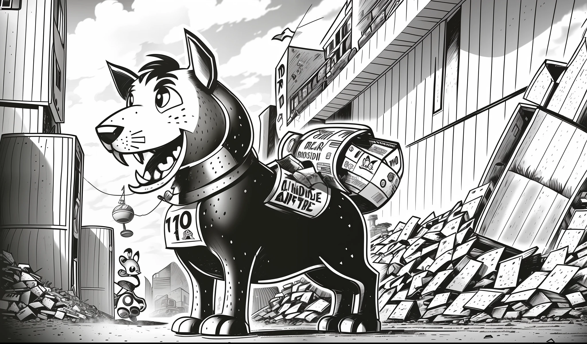 (cartoon style:1.1, monochrome:1.1) A cheerful pup eagerly approaches a towering garbage creature, fearless and ready for adventure. Wide angle shot.