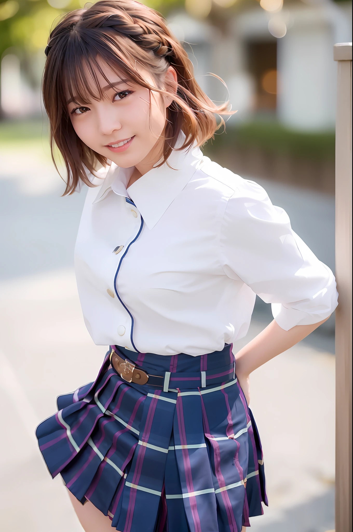 (skin spots: 1.2), (skin dentation), Black eyes, 1 female, 25 years old, ((((Female))), Solo, Real, Best Quality, Photorealistic, Masterpiece, 8K, High Resolution, Solo, Very Detailed Face, (Professional Lighting, Bokeh), (Light Particle, Lens Flare, Luminous Particle: 0.6), (Dynamic Pause: 1.2), Soft Lighting, Top Angle View, fashionable and trendy, Japan, street, urban, Tokyo, Minato, (daytime)), sky, ((view viewer:1)), (look at camera), (portrait: 0.6), cowboy shot, gorgeous, standing, keep original facial proportions, wide shoulders, full body, (round chest bulge), (short hair), brown hair, floating hair, lips, lipstick, seductive smile, floating hair, braided hair, smile, open_mouth, teeth, (((Japan high school school uniform)), (white blouse), (checked pleated skirt), eyelashes, moles, (moles under eyes: 1), (skirt rolled up by the wind), panties