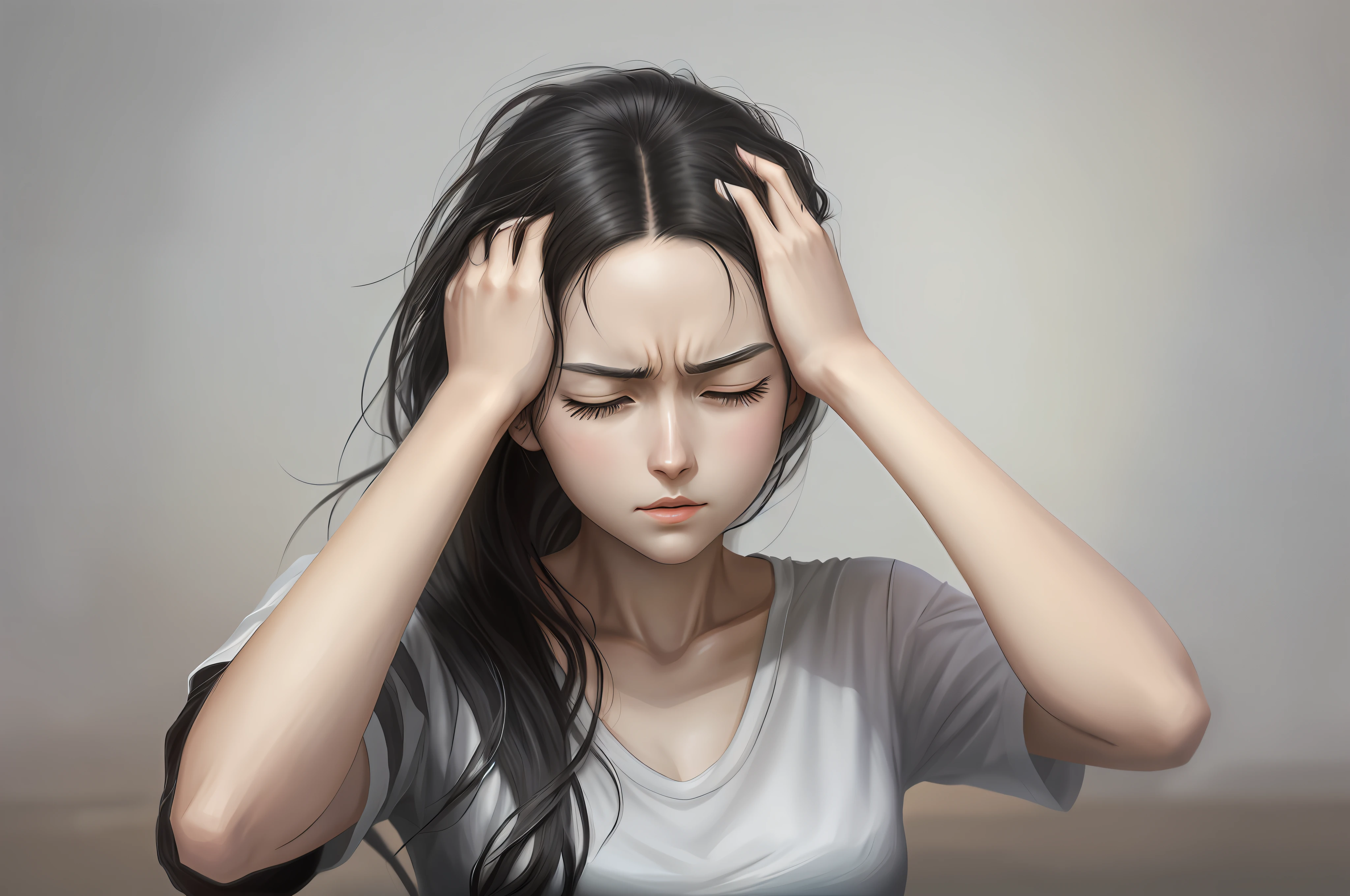 Realistic anime style, A young woman, black hair, white T-shirt, with her hands on her head, appearing to be in pain