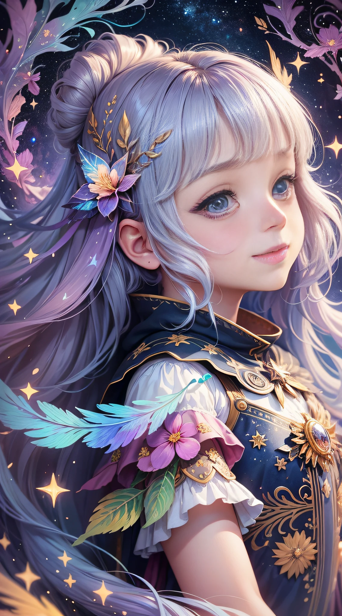 Watercolor beautiful feathers, stars and universe, exploring  girl, with smile, Full body, face side, fantasy illustration, perfect face, with beautiful face and with stars, beautiful flowing light hair, beautiful face, perfect face, perfect eyes, love, flowing dress, vivid vibrant colors, intricate detail, hyper detailed, hyper quality, 32K, unreal engine, isolated on white background, kawaii, clipart, fantasy art --auto --s2