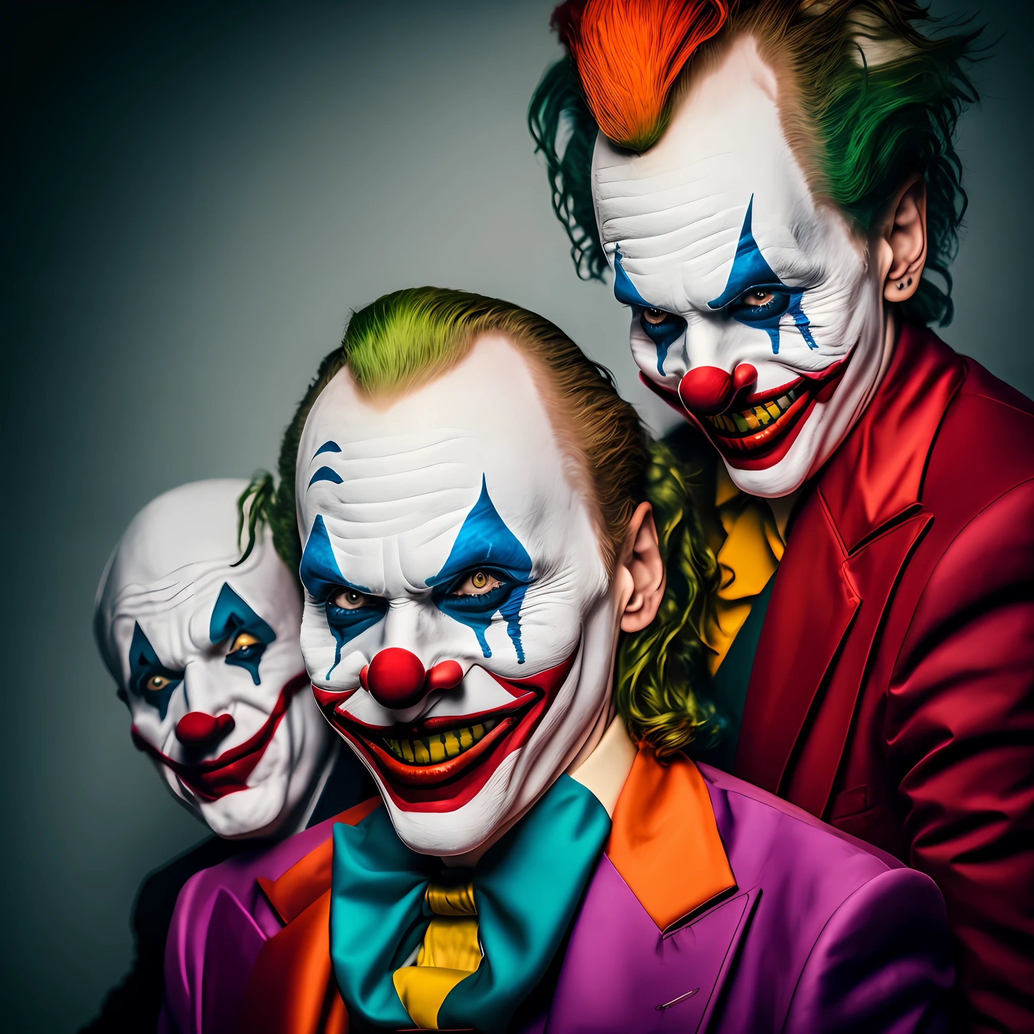 two men dressed in clown makeup posing for a photo, portrait of joker, joker makeup, portrait of the joker, portrait of a joker, remarkable joker make up, as the joker, clowns, shutterstock, wearing accurate clown makeup, of a gang of circus clowns, joker, joker smile, the joker, the money of clowns, wearing bizarre clown makeup