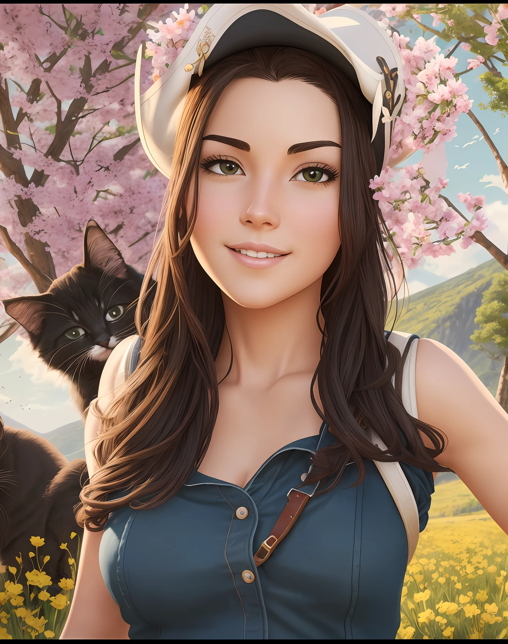 Prompt: An incredibly charming sexy pirate carrying a backpack, accompanied by her adorable kitten, enjoying an adorable spring ride surrounded by gorgeous yellow flowers and natural landscapes. The illustration is in high definition in 4k resolution, with highly detailed facial features and cartoon-style visuals. --auto --s2