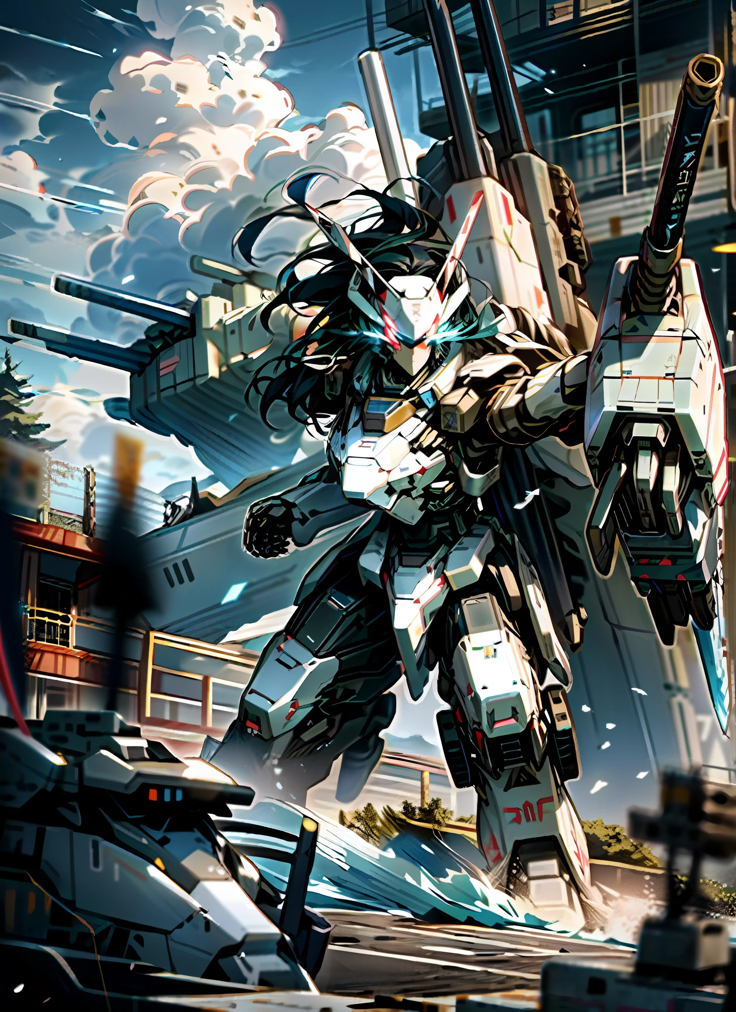 Sky, Clouds, holding_weapon, Glow, Robot, Building, glowing_eyes, Mecha, Science Fiction, Forest, Reality, Mecha, Girl, Delicate Face, Long Black Hair, Battle with Battleship, Attack, Ice, Drone