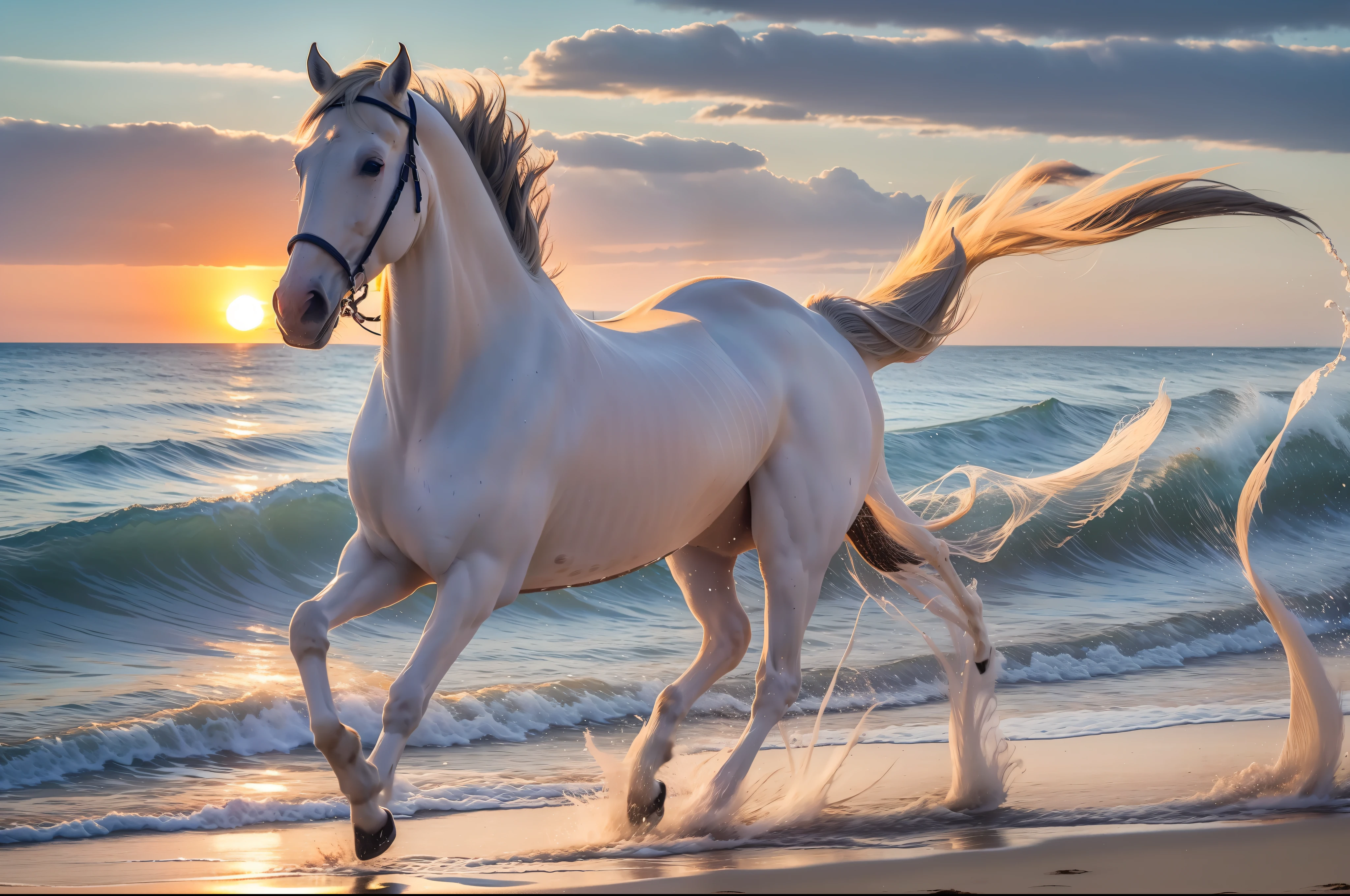 A white horse gallops on the beach in the sunset, full limbs,