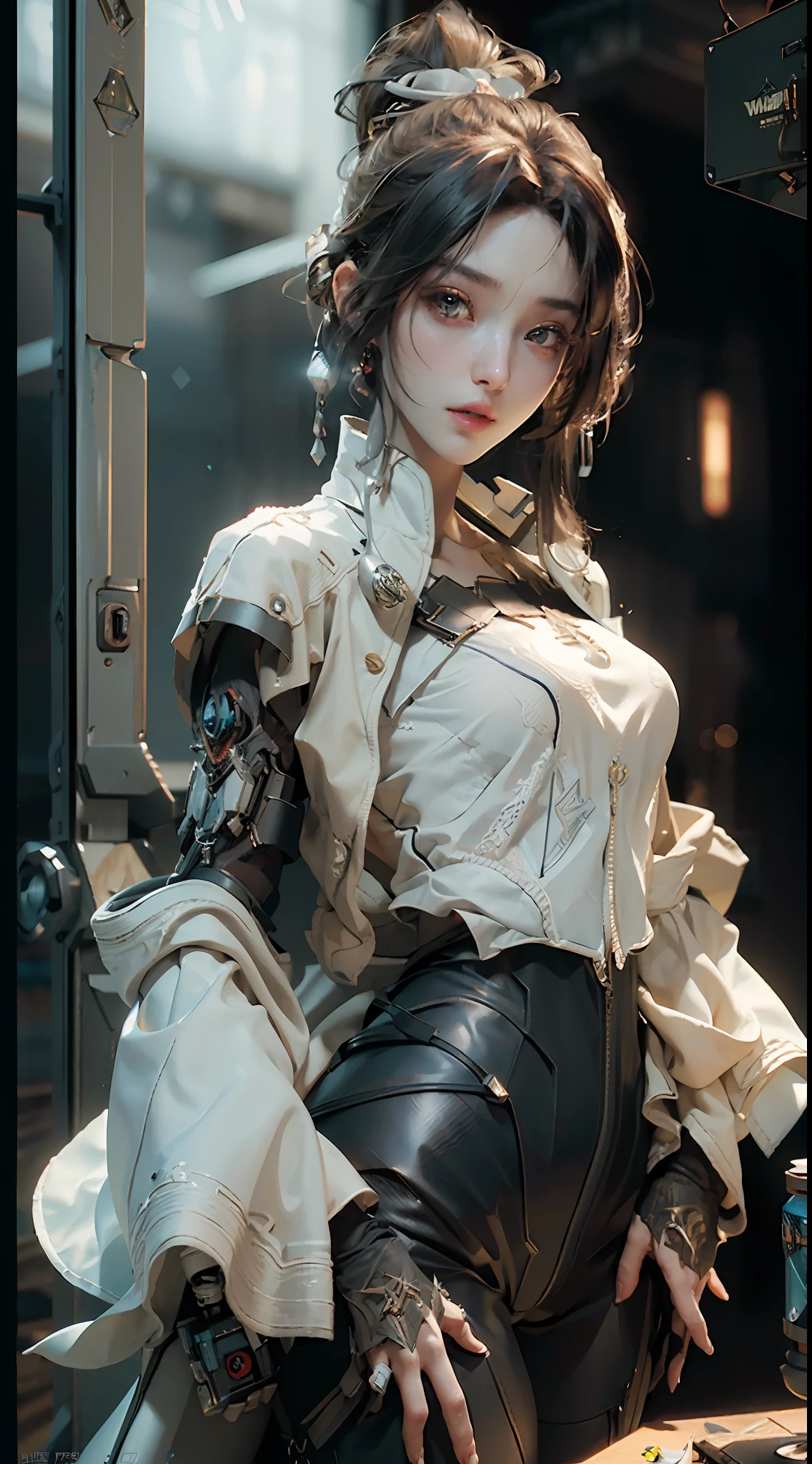 ((Best quality)), ((masterpiece)), (detailed:1.4), 3D, an image of a beautiful cyberpunk female,HDR (High Dynamic Range),Ray Tracing,NVIDIA RTX,Super-Resolution,Unreal 5,Subsurface scattering,PBR Texturing,Post-processing,Anisotropic Filtering,Depth-of-field,Maximum clarity and sharpness,Multi-layered textures,Albedo and Specular maps,Surface shading,Accurate simulation of light-material interaction,Perfect proportions,Octane Render,Two-tone lighting,Wide aperture,Low ISO,White balance,Rule of thirds,8K RAW,