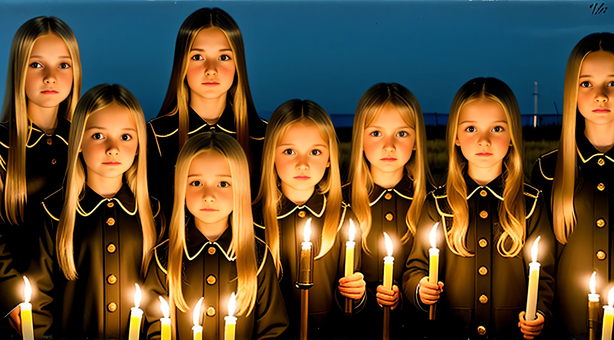 Russian girls with 10 years old, WITH LONG STRAIGHT HAIR blonde, PORTRAIT STYLE, image of a group of GIRLS holding torches, PETROLEUM BLUE BACKGROUND.