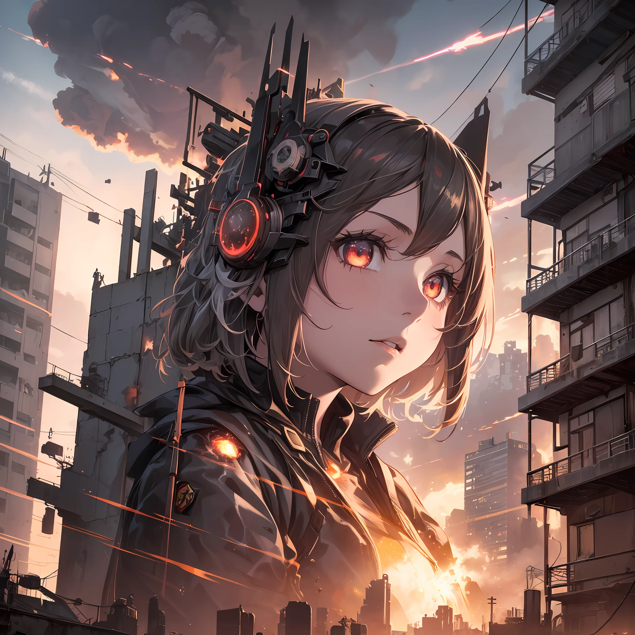 1girl, Ruby, inside (( The explosion detonates with a brilliant burst of light illuminating the darkened sky )), Dystopian metropolis, detailed pupils, high quality, absurdres,