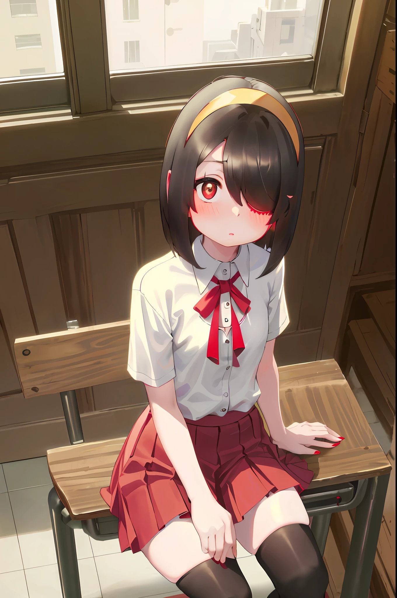 Nishimura, white pupils, ??? version, ???, loli, 1girl, solo, ((white shirt)), black thighhighs, flat chest, cleavage, school uniform, classroom, Red skirt, brown logo on chest, (red pleated skirt), school, (hair over one eye), small breasts, long hair, looking at viewer, black hair, red short nails, solo, thighhighs, thighs, short hair, ((masterpiece)), sitting, chair, desk, window, indoor, blush, sexy pose, indonesian ??? school uniform SD, ((red skirt)), red nectie, short sleeve, yellow hairband, (RED SKIRT), hair cover one eye,
