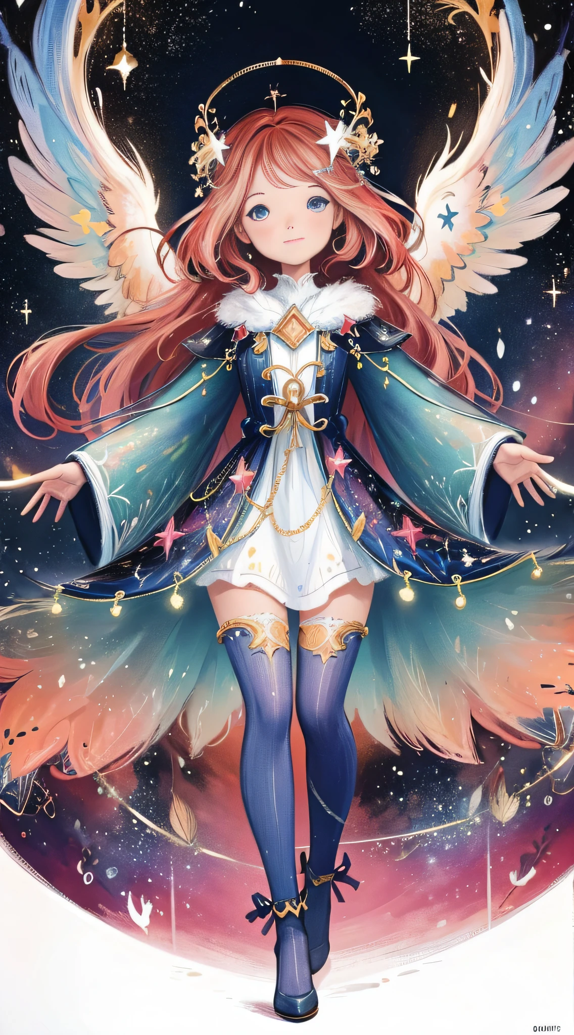 Watercolor beautiful feathers, stars and universe, exploring girl, with smile, Full body, face side, fantasy illustration, perfect face, with beautiful face and with stars, beautiful flowing light hair, beautiful face, perfect face, perfect eyes, love, flowing dress, vivid vibrant colors, intricate detail, hyper detailed, hyper quality, 32K, unreal engine, isolated on white background, kawaii, clipart, fantasy art