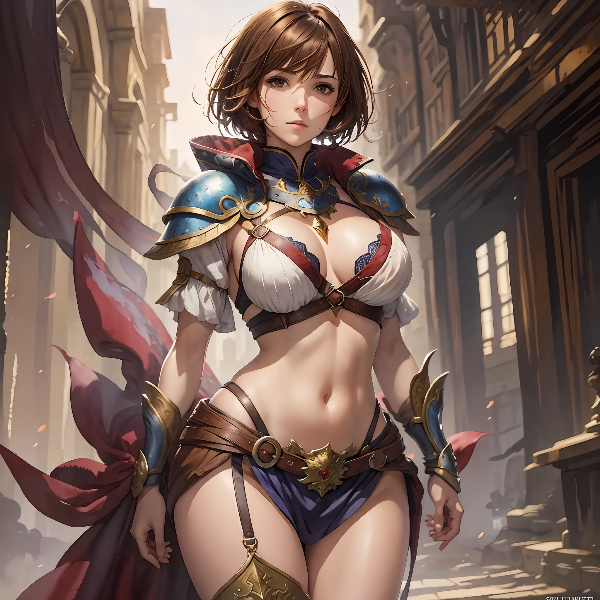 (watercolor: 1.2), warrior, bangs, brown hair, short hair, brown eyes, hair between eyes, blurred background, high resolution, large breasts, full body, fantasy, medieval --auto --s2